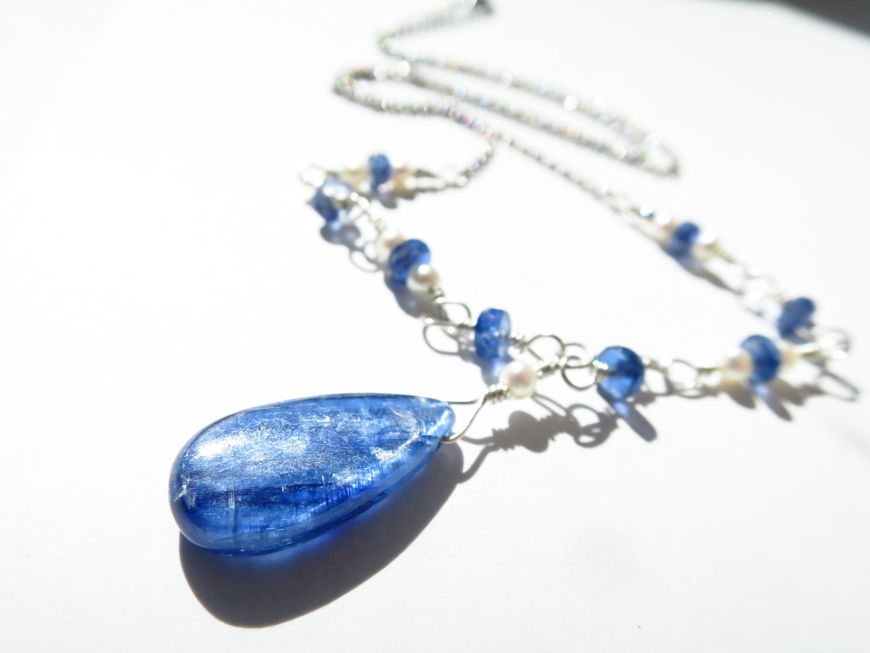 Kyanit Kette Silber Disthen Rosary Kette Silber Perlen Kette Silber Edelstein Kette Unikat Kyanit Tropfen Collier Perlen Halskette