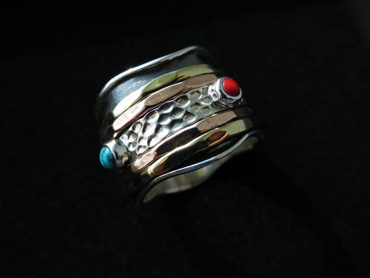 Spinner Ring Meditation Ring Turquoise Coral Worry stacking Unisex Size 10 gemstone 925 gift present birthday gift boho ring fidget ring