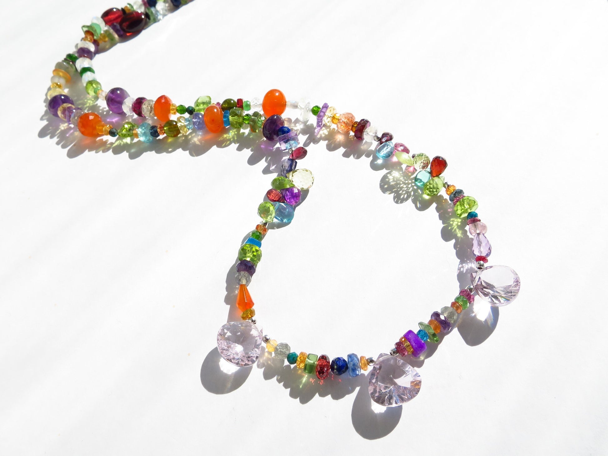 Rainbow necklace colorful gems natural untreated undyed gemstones Amethyst drops labradorite tourmaline Handmade unique piece