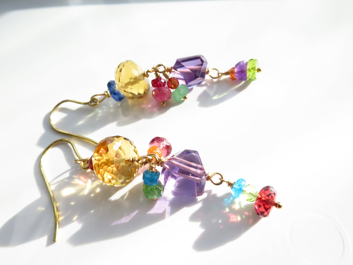 Bunte Edelstein 9 Karat Gold Ohrringe Rubin Peridot Amethyst Perlen Edelstein Ohrringe Gold 9 Karat natürliche Edelsteine lange Ohrringe