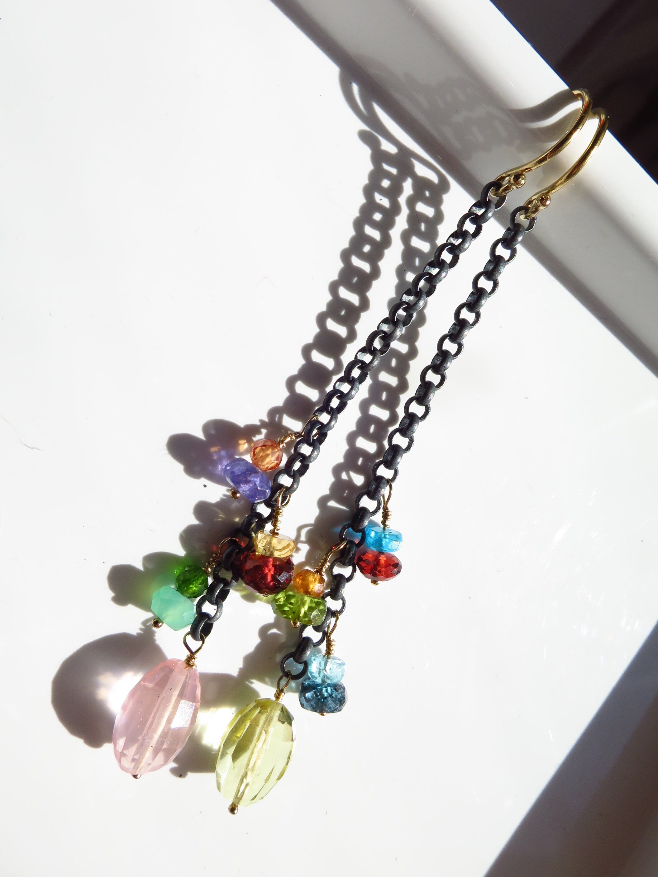 Bunte Edelstein lange Rosenquarz Ohrringe facettiert