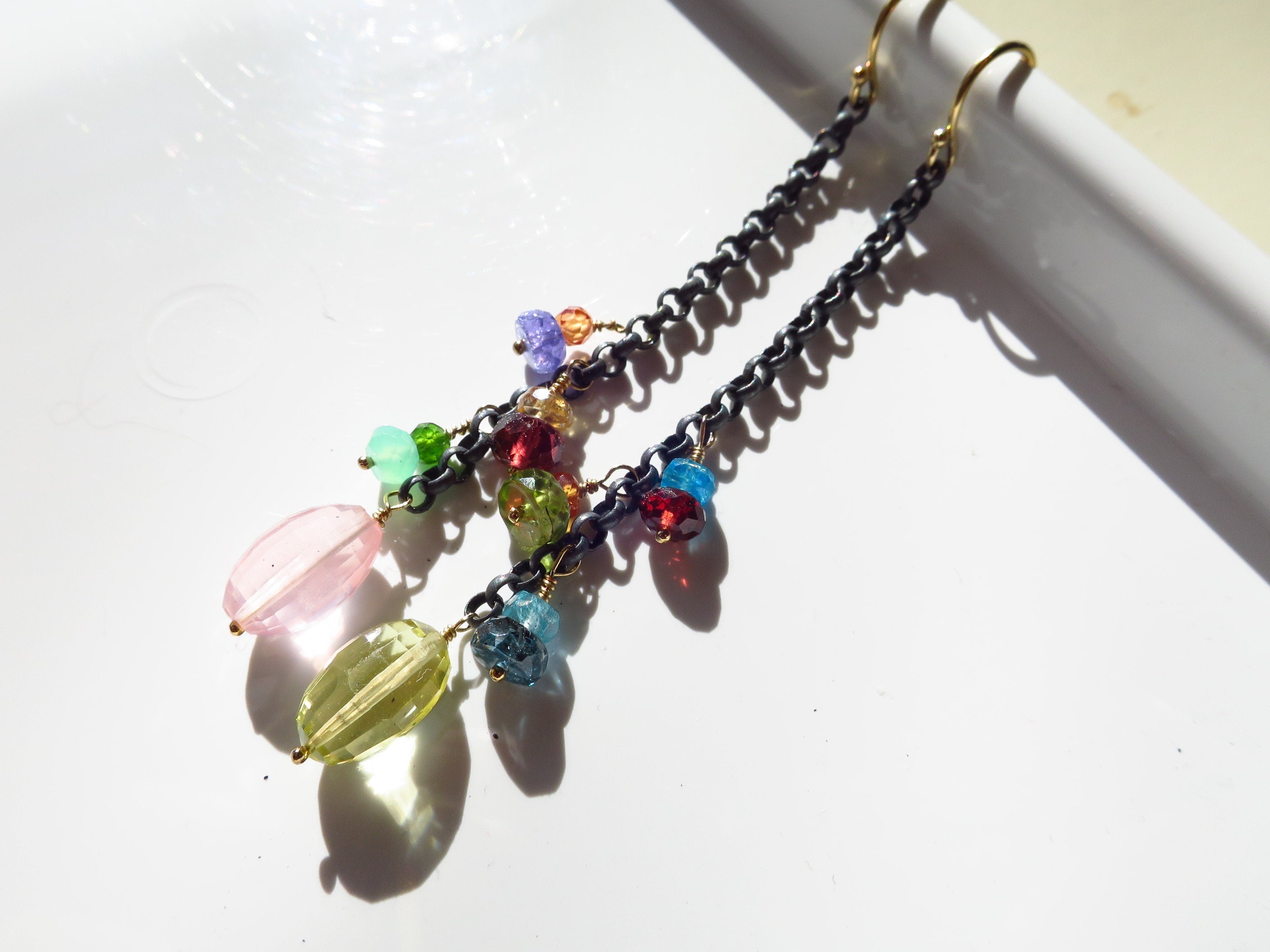 Bunte Edelstein lange Rosenquarz Ohrringe facettiert