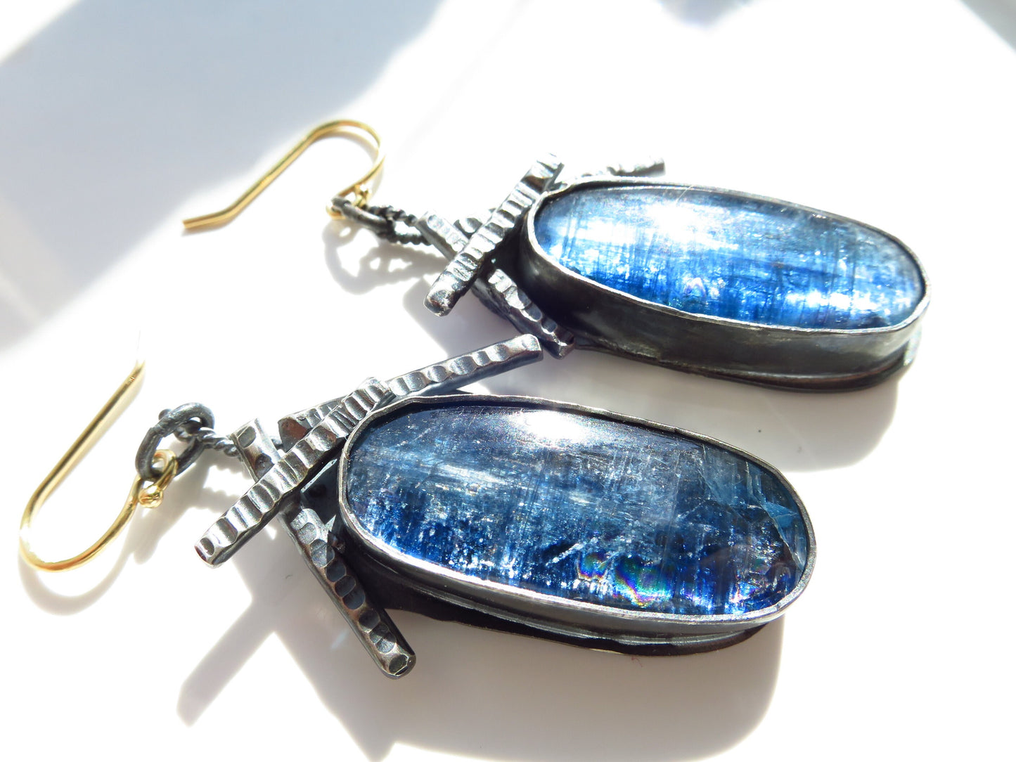Unique earrings Kyanite gemstones blue silver ear hooks unique earrings long earrings handmade unique gem Cabochon earrings blue gem