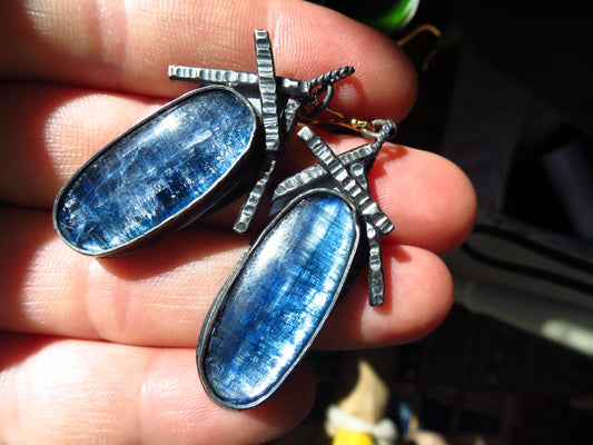 Unique earrings Kyanite gemstones blue silver ear hooks unique earrings long earrings handmade unique gem Cabochon earrings blue gem