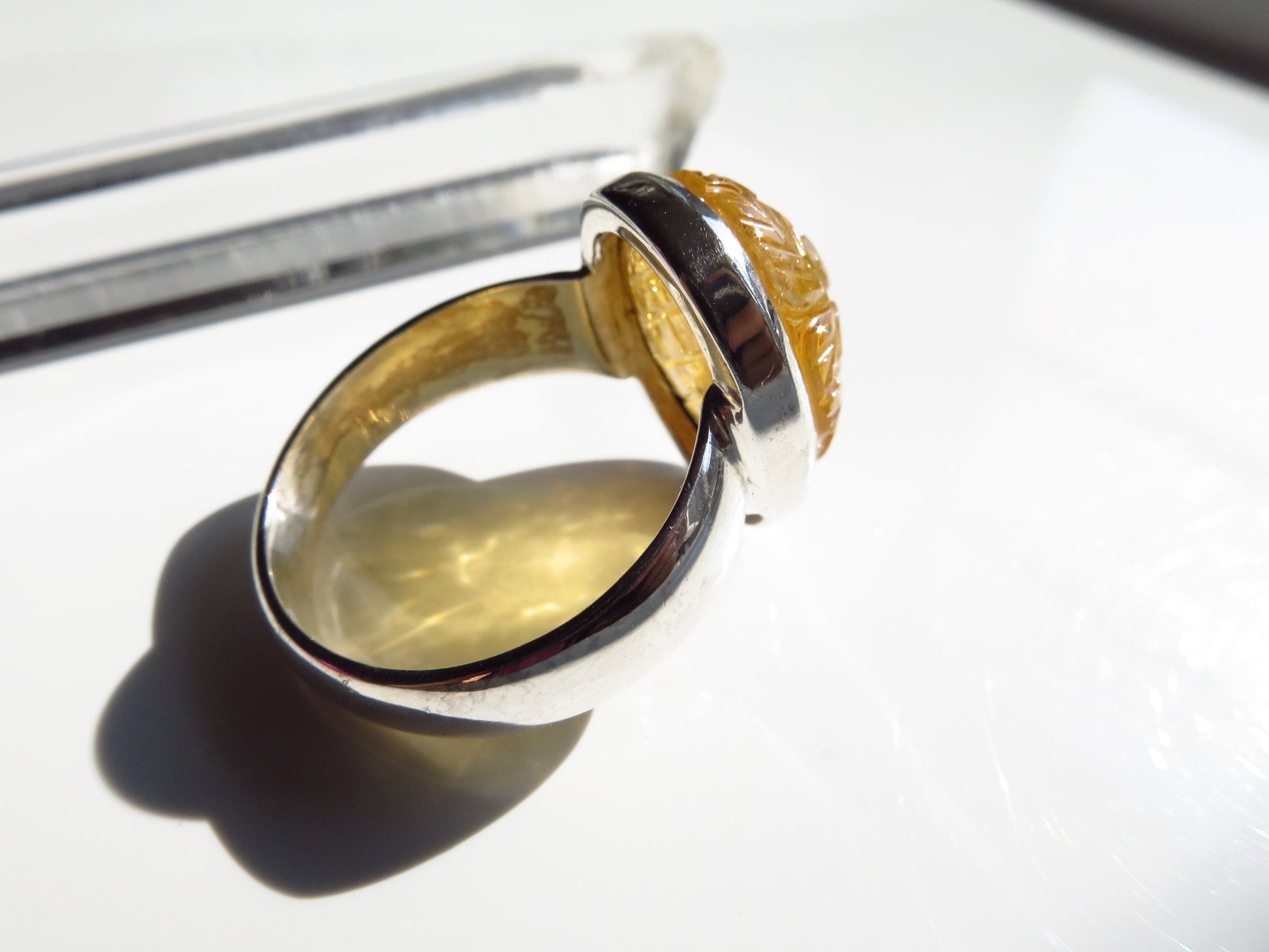 Gravierter Citrin Ring Gr8 Sterling Silber Ring gelb Edelstein Natur Geschenk Weihnachten Geburtstag 