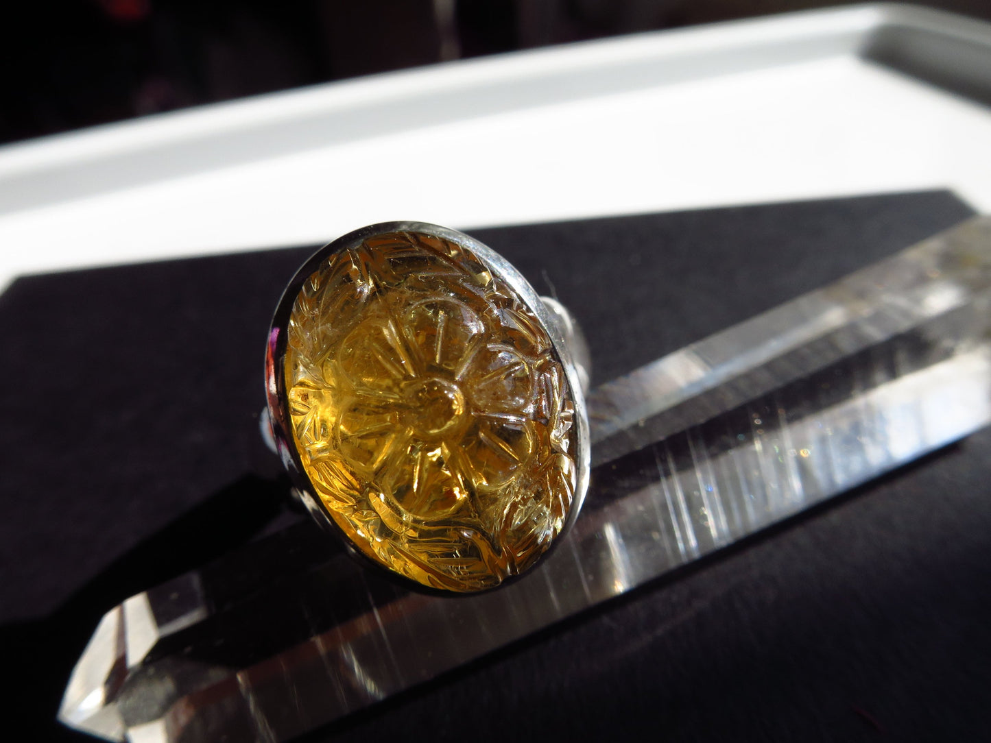 Gravierter Citrin Ring Gr8 Sterling Silber Ring gelb Edelstein Natur Geschenk Weihnachten Geburtstag 