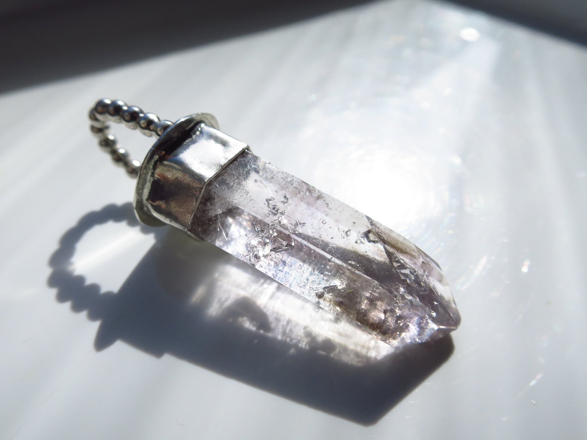 Namibia Brandberg Africa point Crystal Pendant Clear Natural Set in 925 Sterling Silver with smoky quartz zones