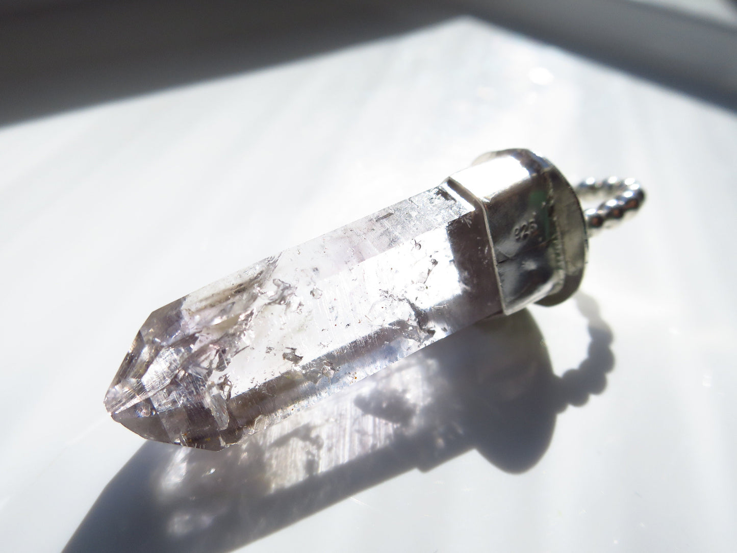 Namibia Brandberg Africa point Crystal Pendant Clear Natural Set in 925 Sterling Silver with smoky quartz zones