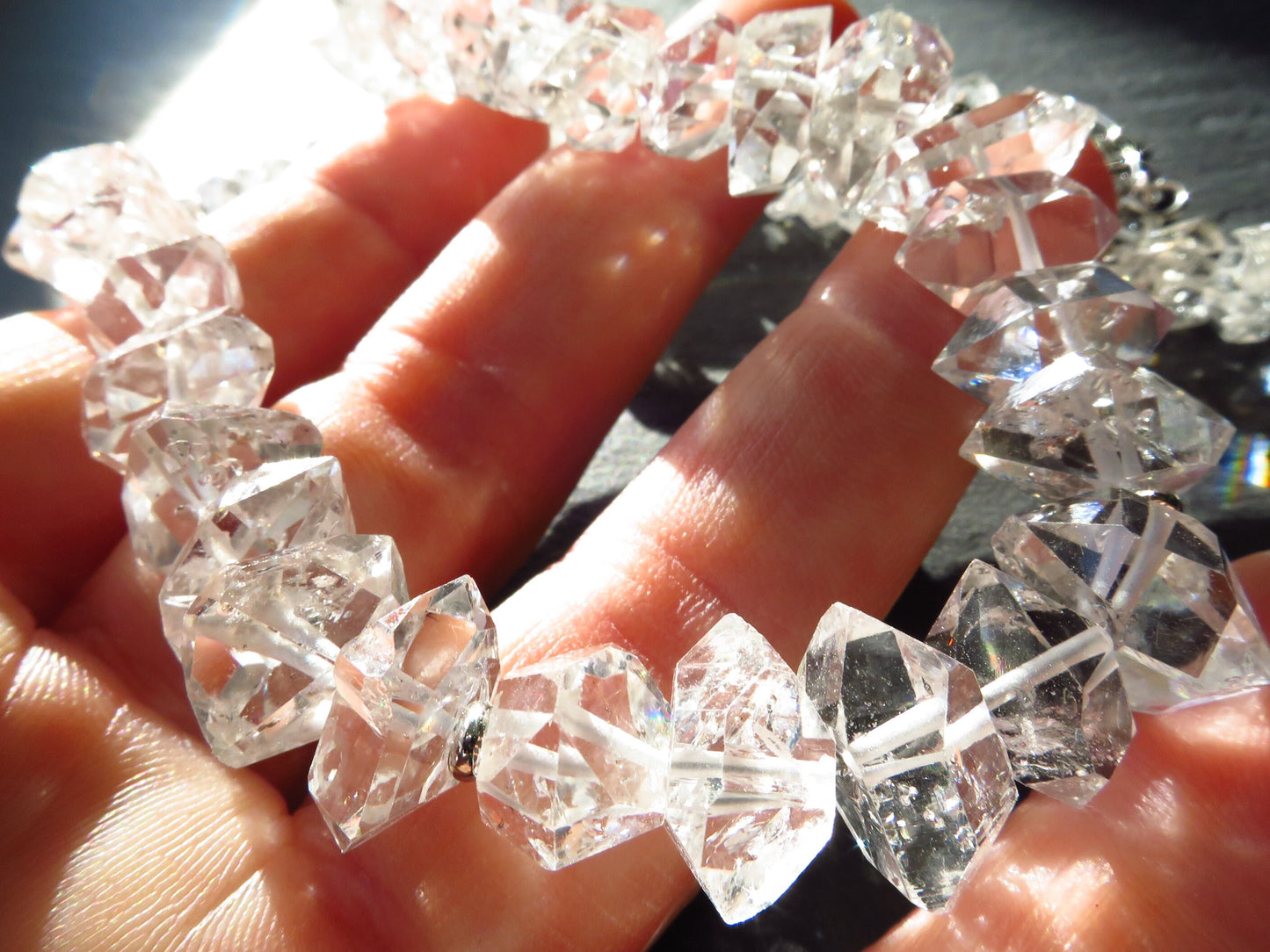 Große Kristall-Herkimer-Diamant-Halskette, Quarz-Herkimer-Diamanten, natürlicher Edelstein, Sterling-Silber-Verschluss, Doppel-Ender
