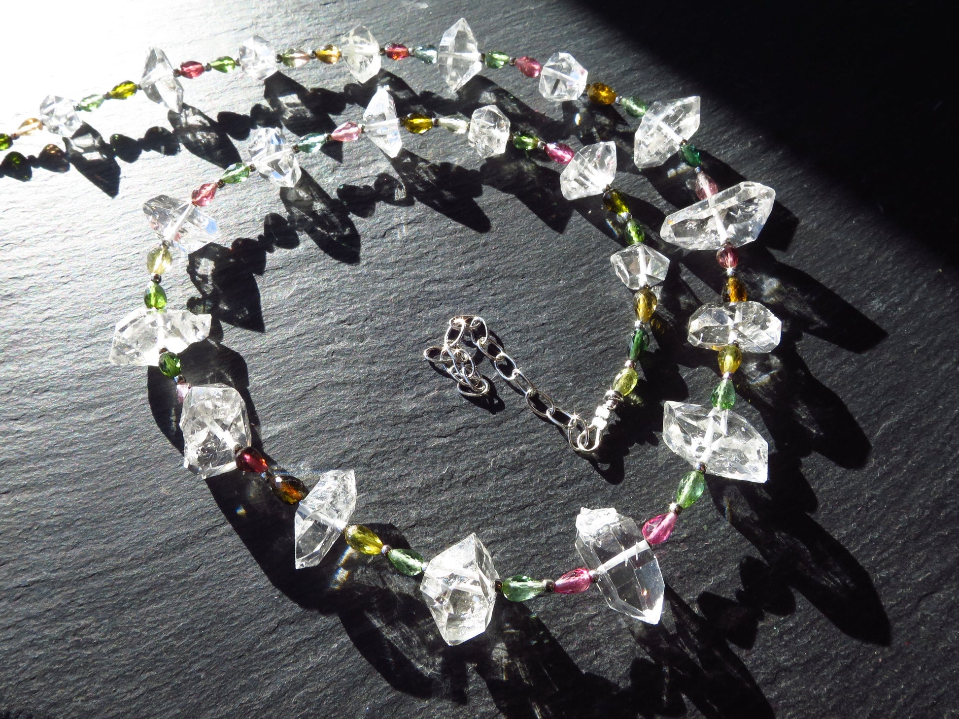 Sehr lange, supergroße AAA-Kristall-Herkimer-Diamant-Halskette, natürlicher Edelstein Silber, Doppelender-Bergkristall, Turmalin-Tropfen