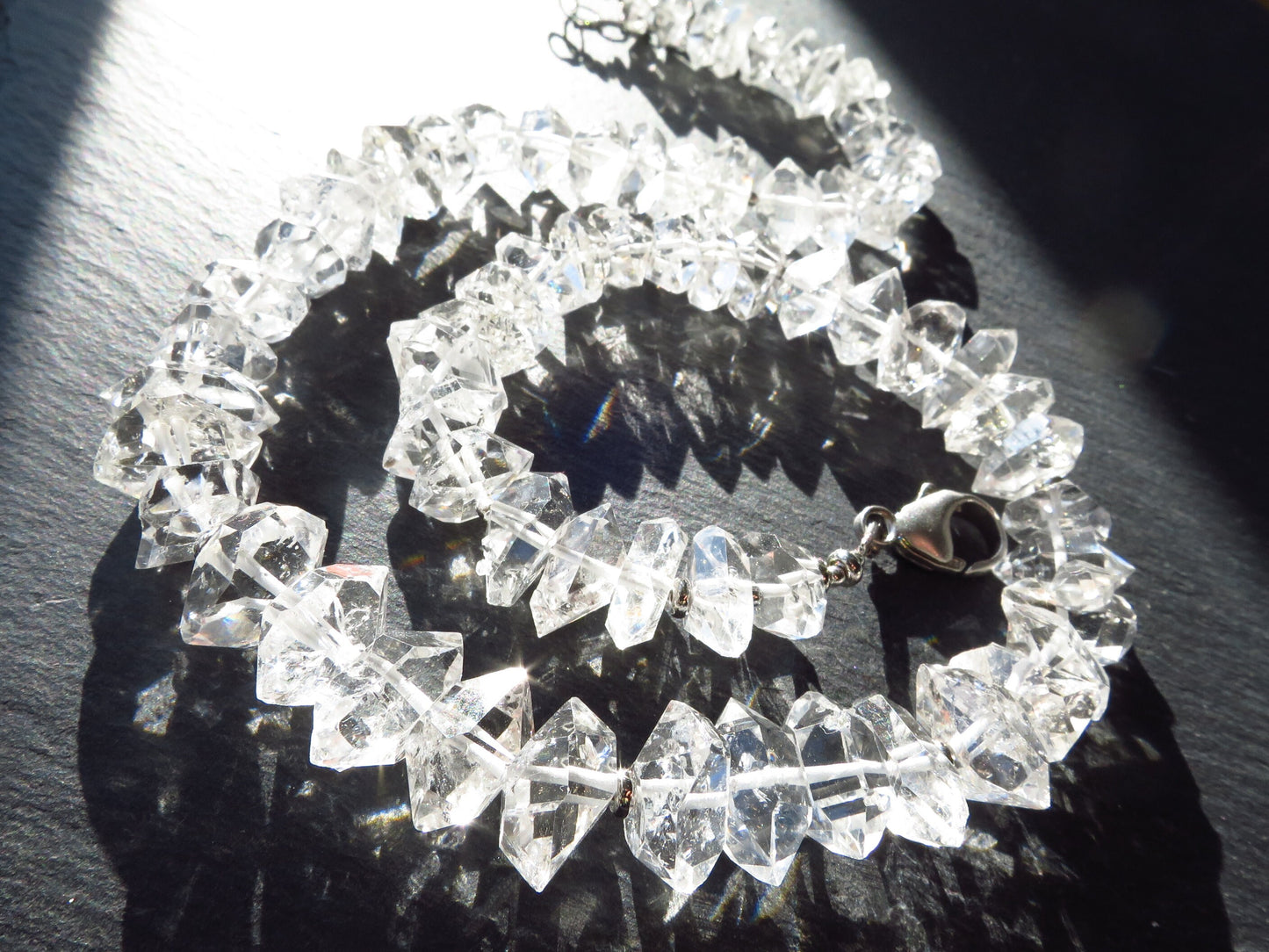 Supergroße Kristall-Herkimer-Diamant-Halskette, Quarz-Herkimer-Diamanten Sterling-Silber-Verschluss, Doppel-Ender-Bergkristall
