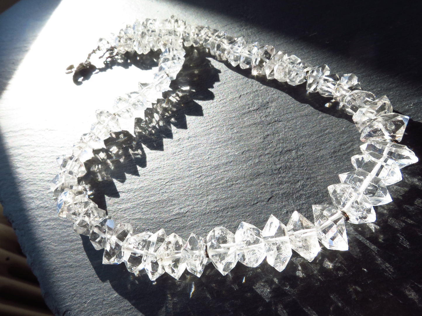 Supergroße Kristall-Herkimer-Diamant-Halskette, Quarz-Herkimer-Diamanten Sterling-Silber-Verschluss, Doppel-Ender-Bergkristall