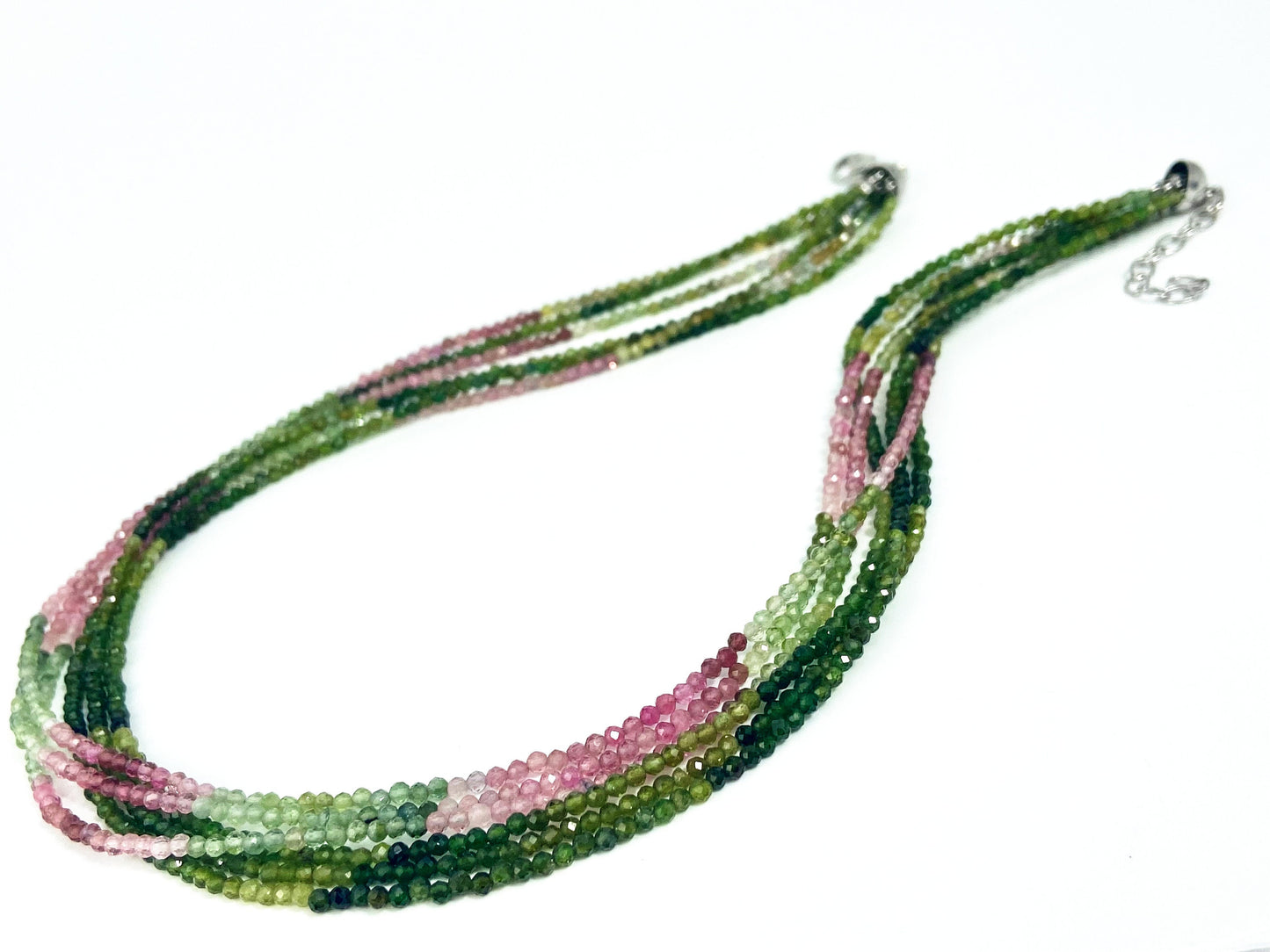 Mehrfarbige Turmalin-Halskette mit 6 Reihen und einem Durchmesser von 2,5 mm / grün-rosa / Edelsteinkette