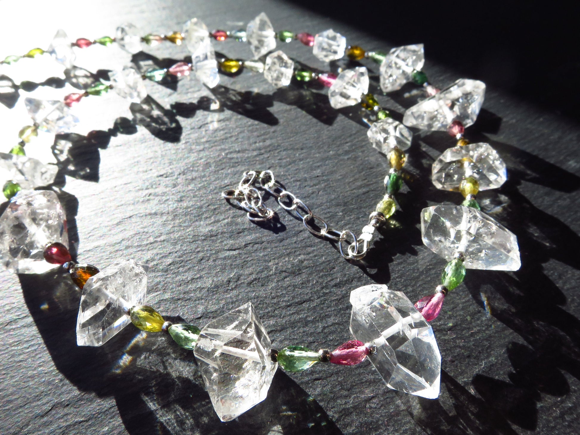 Sehr lange, supergroße AAA-Kristall-Herkimer-Diamant-Halskette, natürlicher Edelstein Silber, Doppelender-Bergkristall, Turmalin-Tropfen