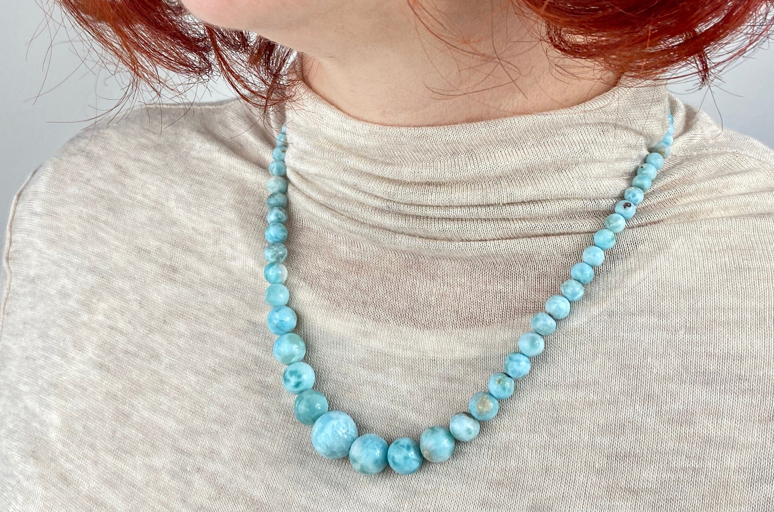 Larimar Kette, blaue Larimar-Perlen in Kugelform, Atlantis-Stein aus der Karibik / natürliche große Larimar Edelstein Halskette Silber