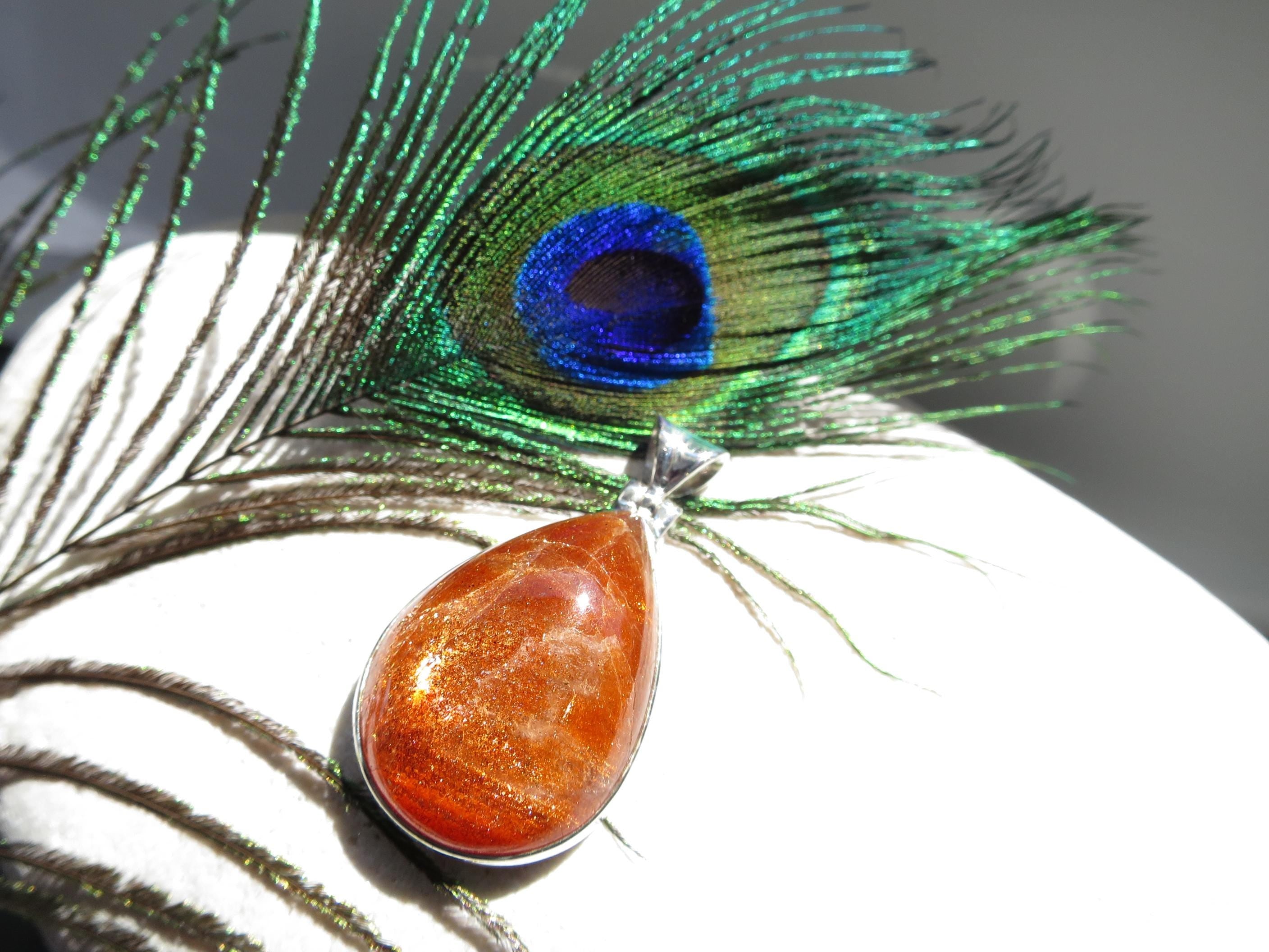 Großer Tropfen Sonnenstein Anhänger Sterling Silber