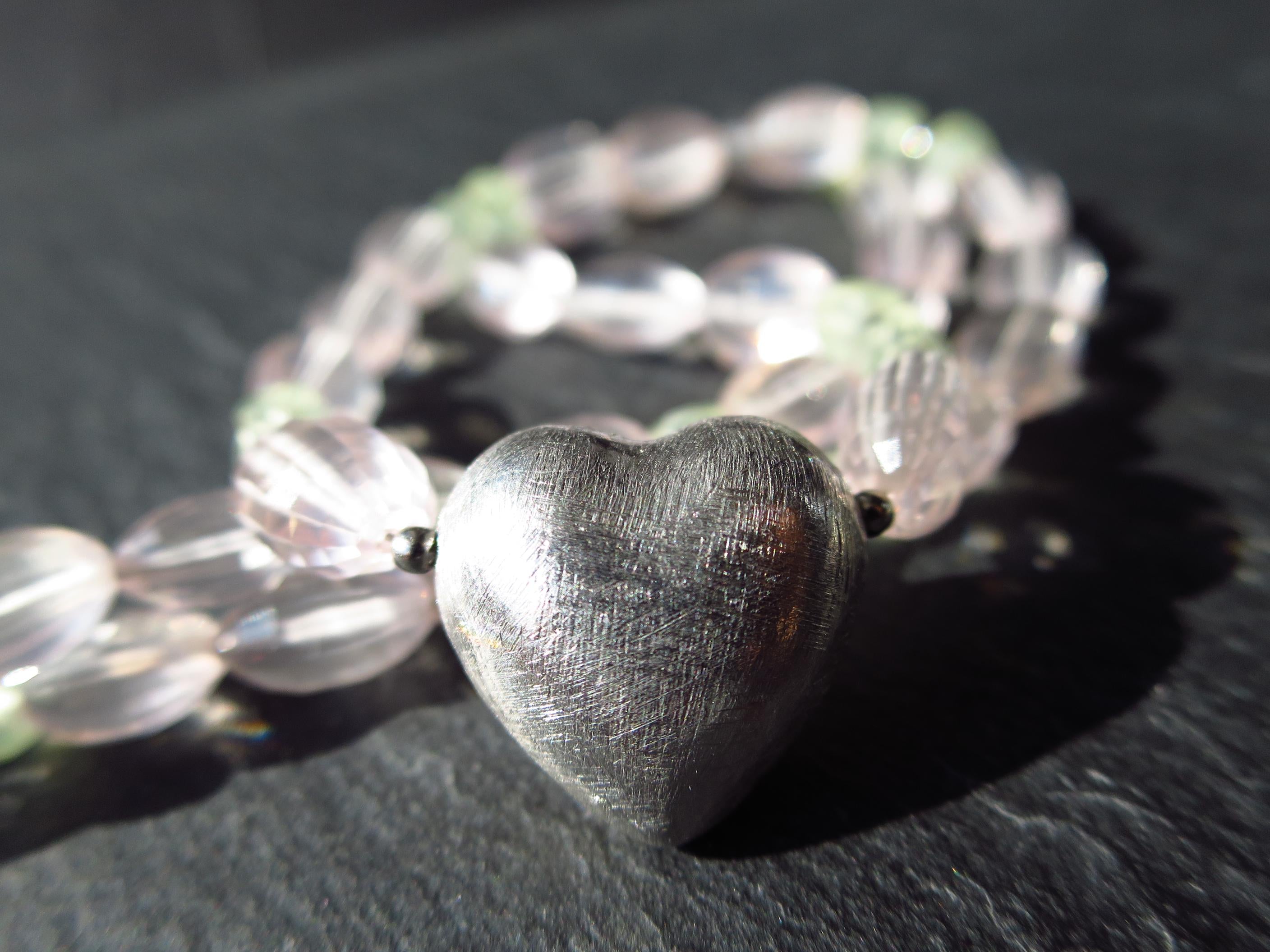 Rosenquarz Kette mit Silber Herz Anhänger und Prehnit