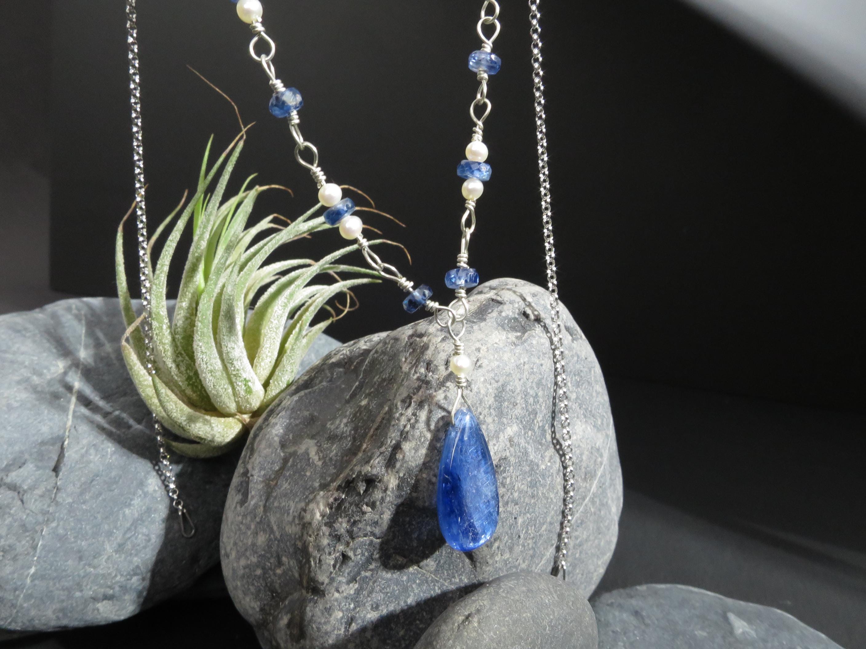 Kyanit Kette Silber Disthen Rosary Kette Silber Perlen Kette Silber Edelstein Kette Unikat Kyanit Tropfen Collier Perlen Halskette