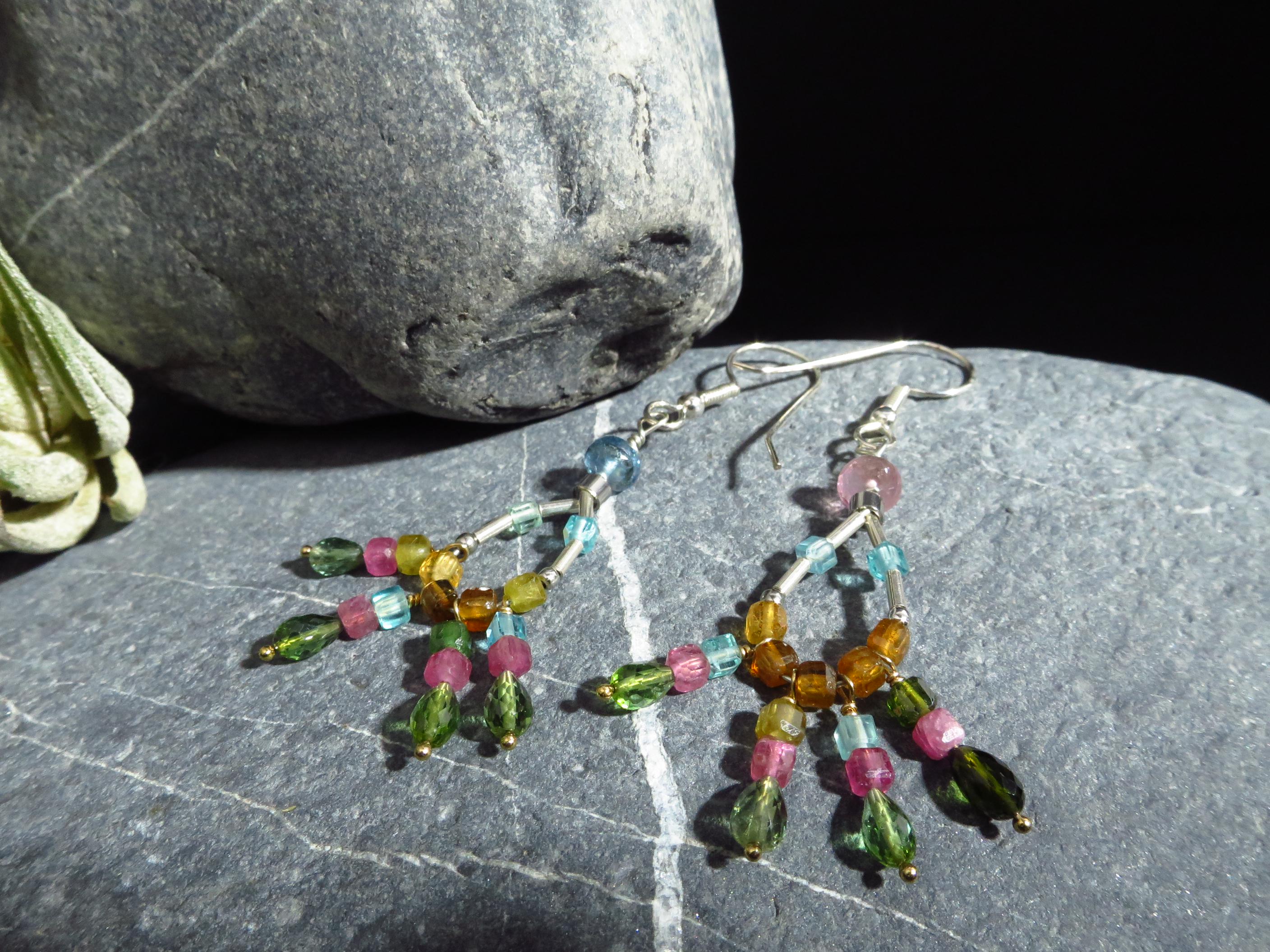 Turmalin Ohrringe Silber Bunte lange Edelstein Ohrringe