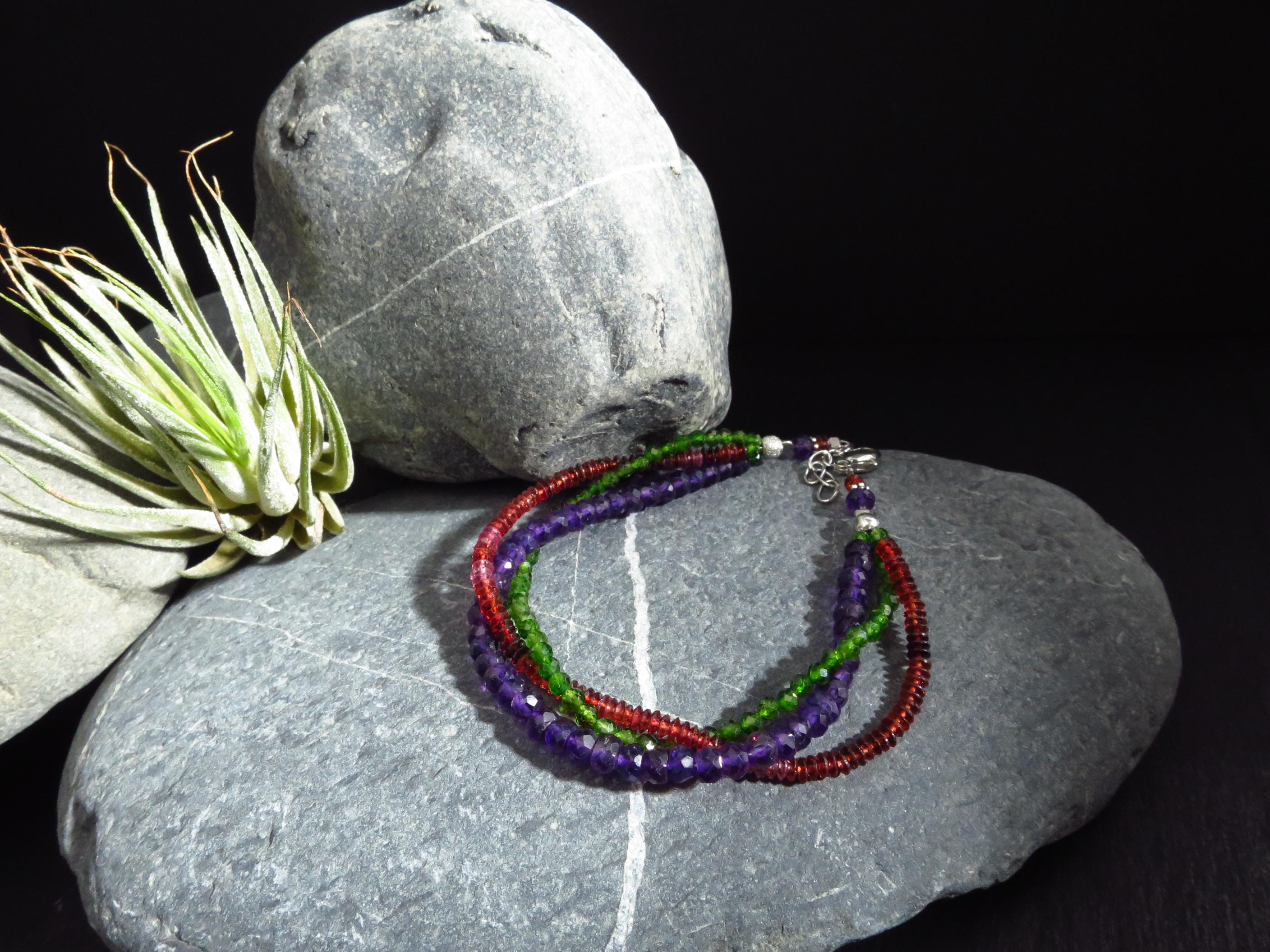 Drei reihiges Edelstein Armband Chromdiopsid Amethyst und Granat