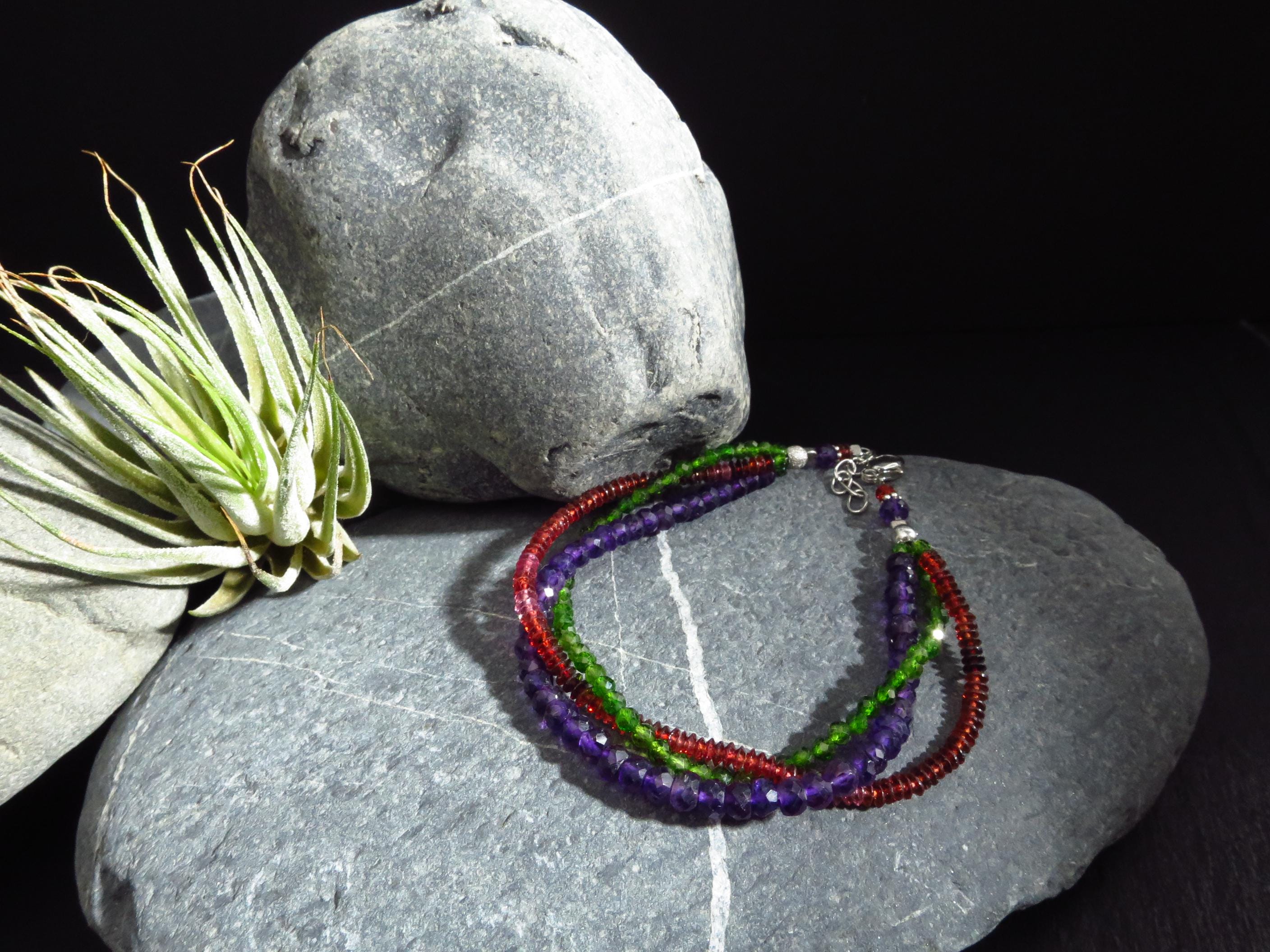 Drei reihiges Edelstein Armband Chromdiopsid Amethyst und Granat