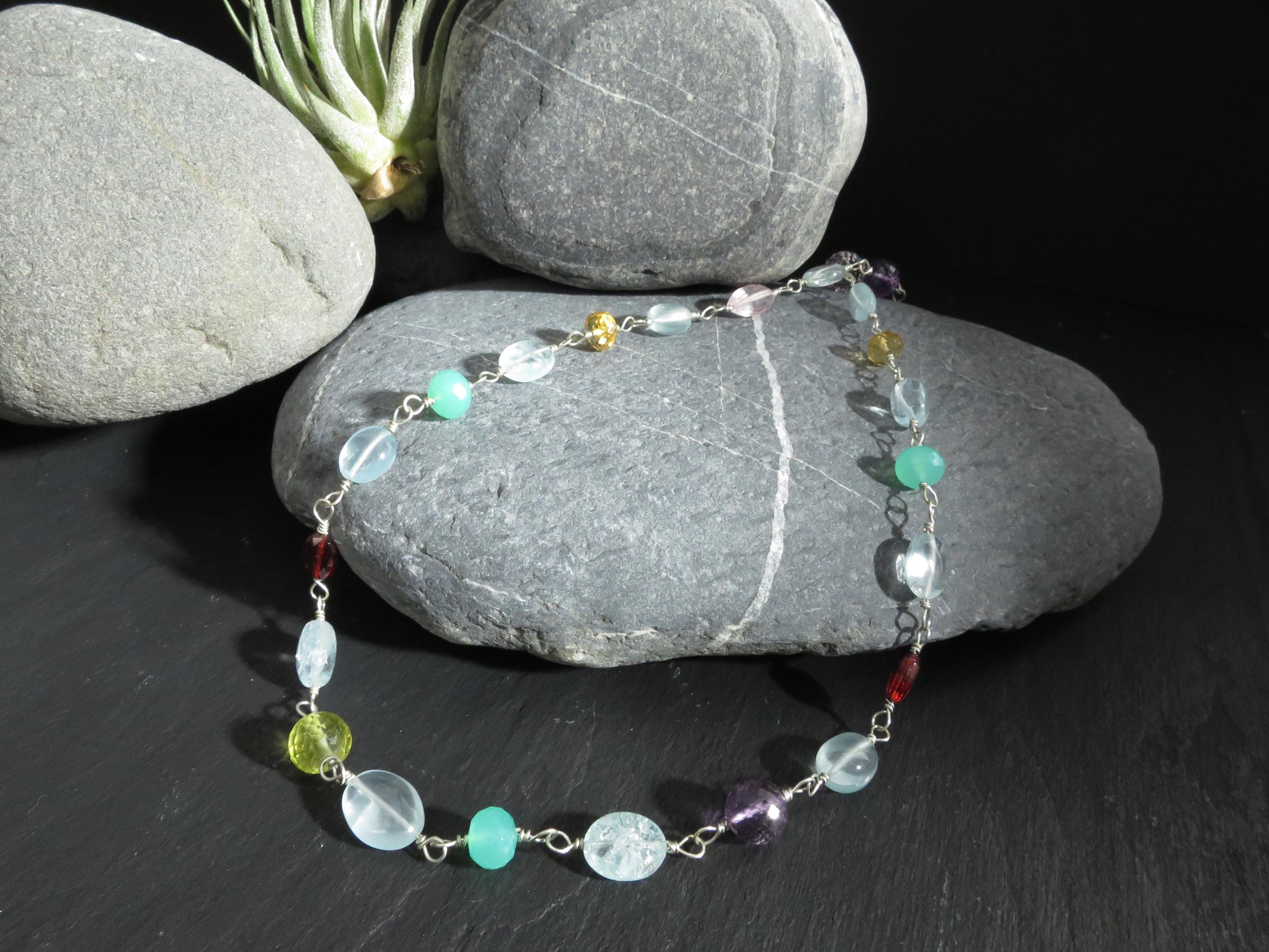 Rosenkranz Edelstein Kette bunt mit Argentium Silber Tansanit Aquamarin Rosenkranz Halskette