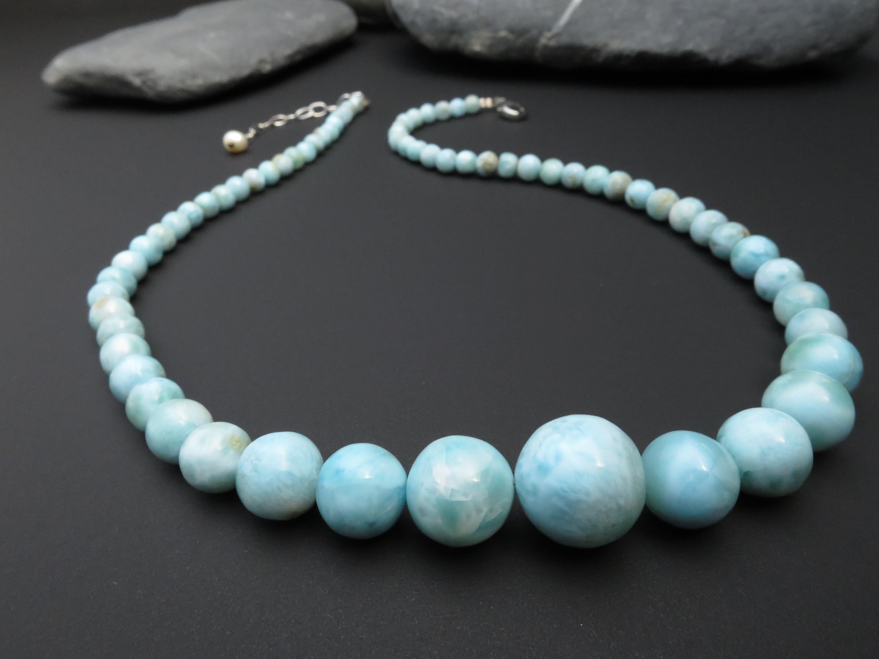 Larimar Kette, blaue Larimar-Perlen in Kugelform, Atlantis-Stein aus der Karibik / natürliche große Larimar Edelstein Halskette Silber