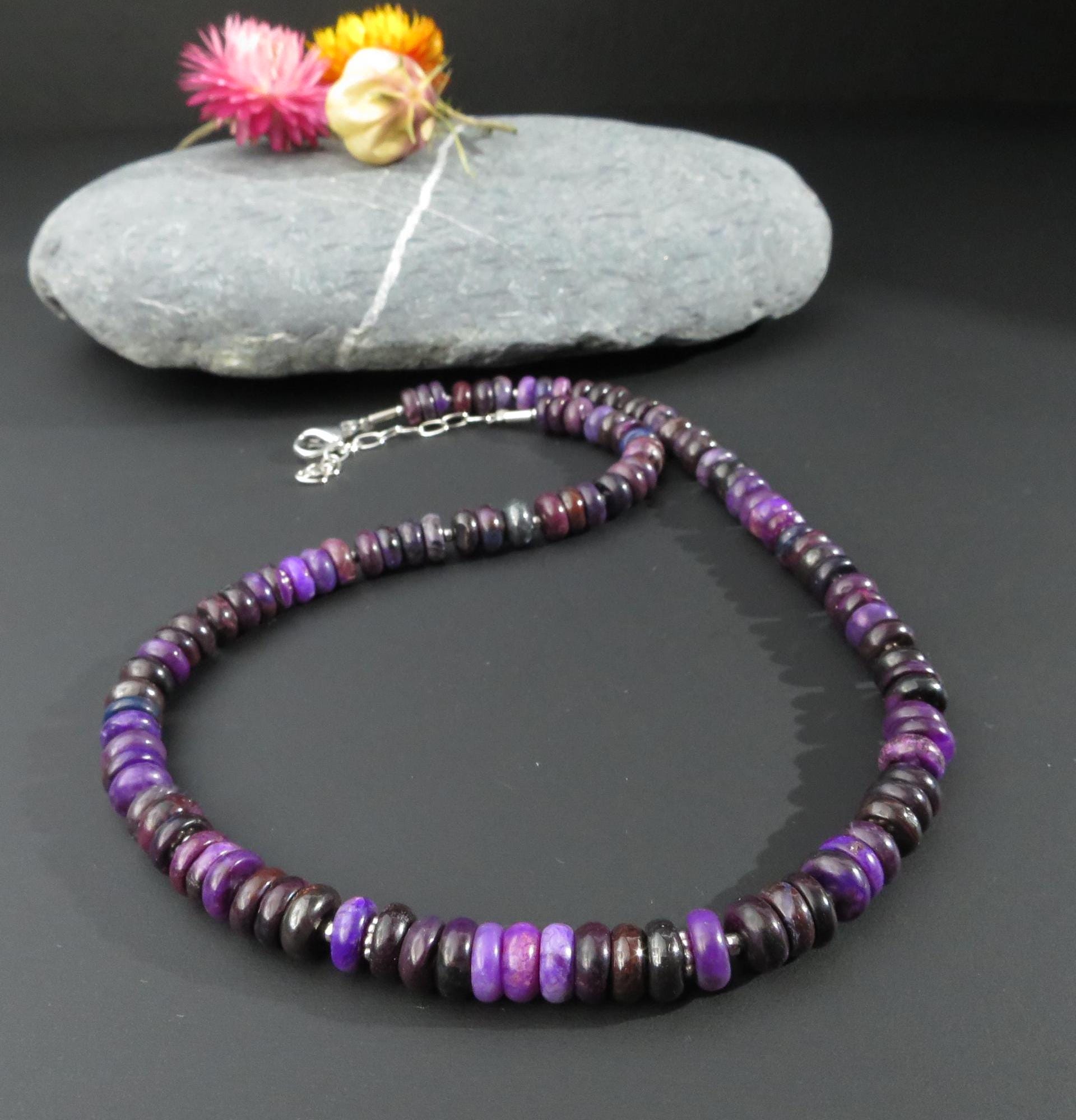 Sugilith Kette Silber echte Sugilit Halskette Rondelle Lila Edelstein Collier Sugilith unbehandelte Sugilith Perlen Kette Afrika Sugilit