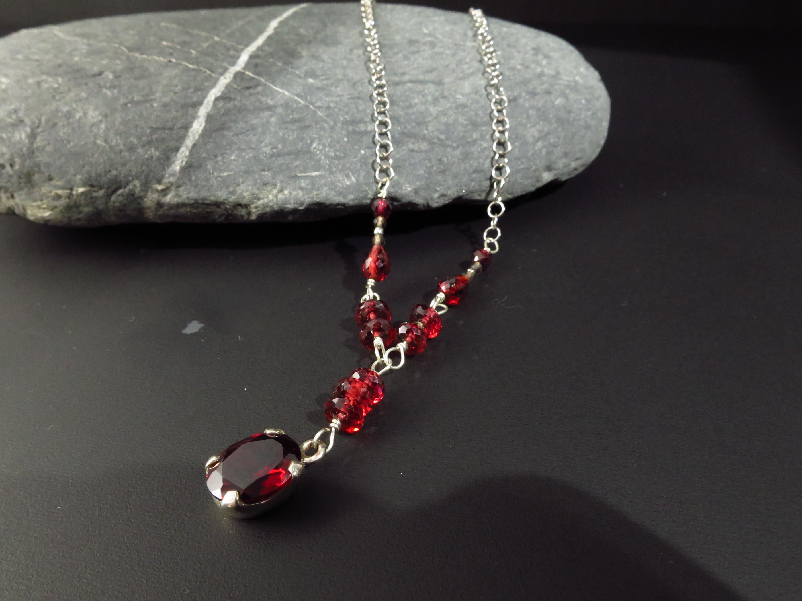 Mosambik Granat Anhänger Sterling Silber rote Edelstein Kette Natur Argentium Silber Rosenkranz Kette roter granat facettiert Lange Kette