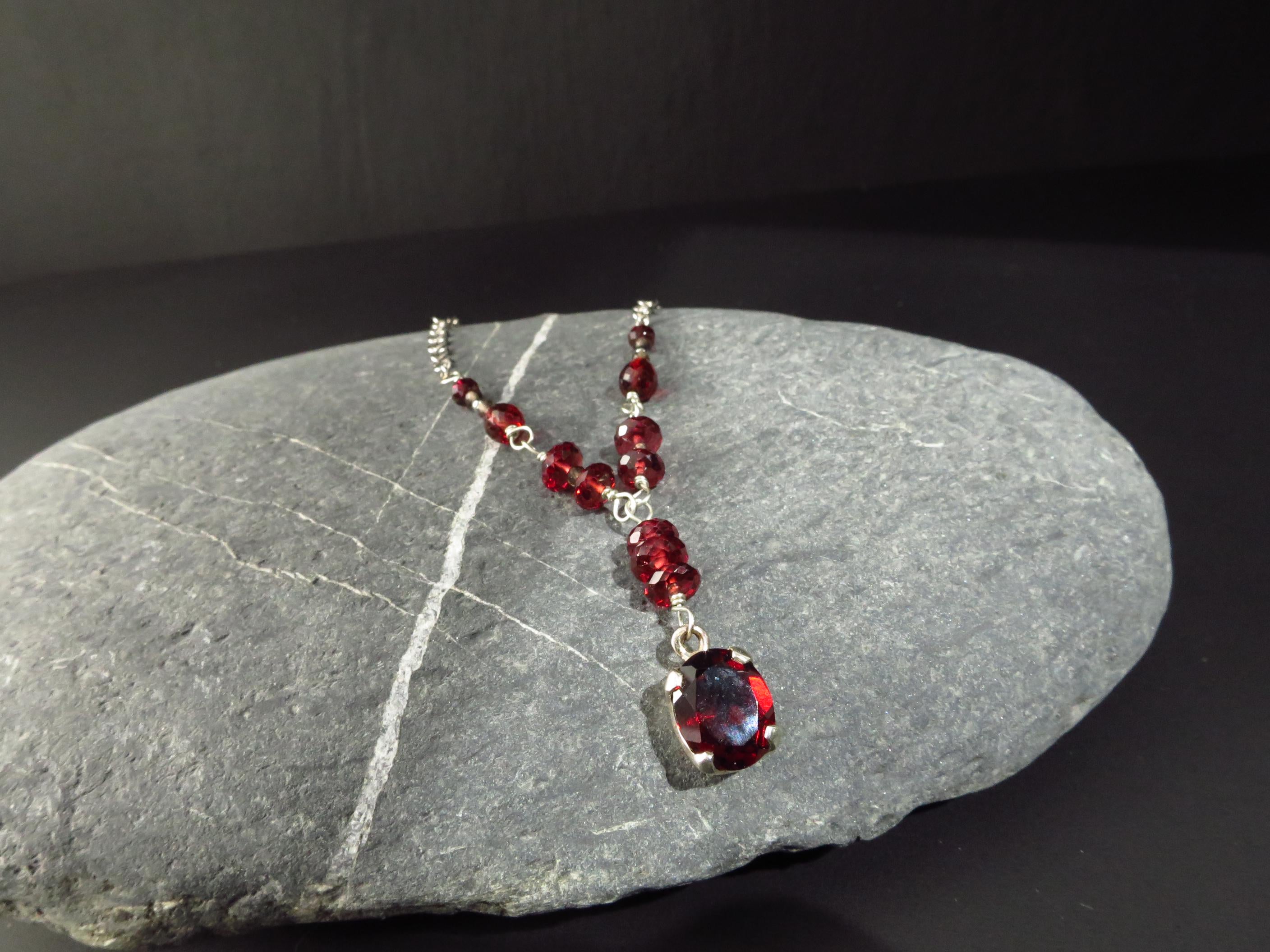 Mosambik Granat Anhänger Sterling Silber rote Edelstein Kette Natur Argentium Silber Rosenkranz Kette roter granat facettiert Lange Kette