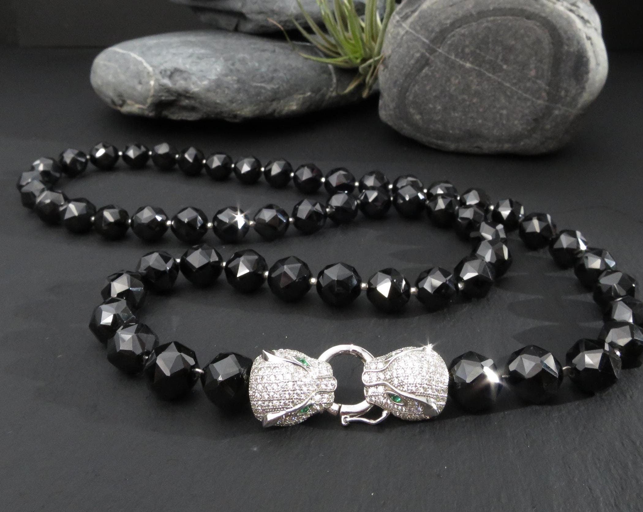 Spinell Kette Silber Schwarze Spinell Collier Silber Panther Schließe lange Spinell Exclusiven Schliff Spinell AAA Qualität Halskette edel