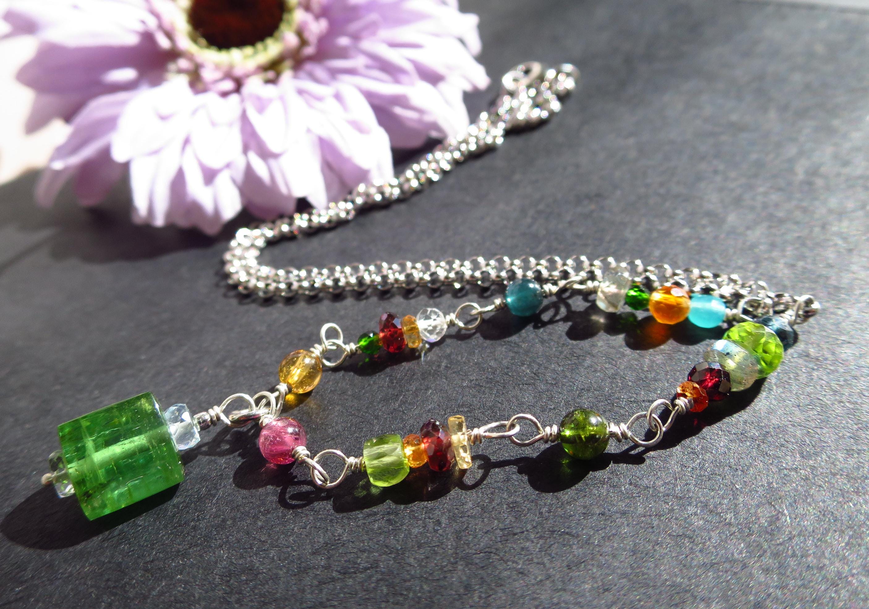 Turmalin Anhänger Silber Kette grün Turmalin Spitze Rosary Silber Turmalin Kristall Anhänger Rosenkranz Silber Edelstein Bunt Kette Silber