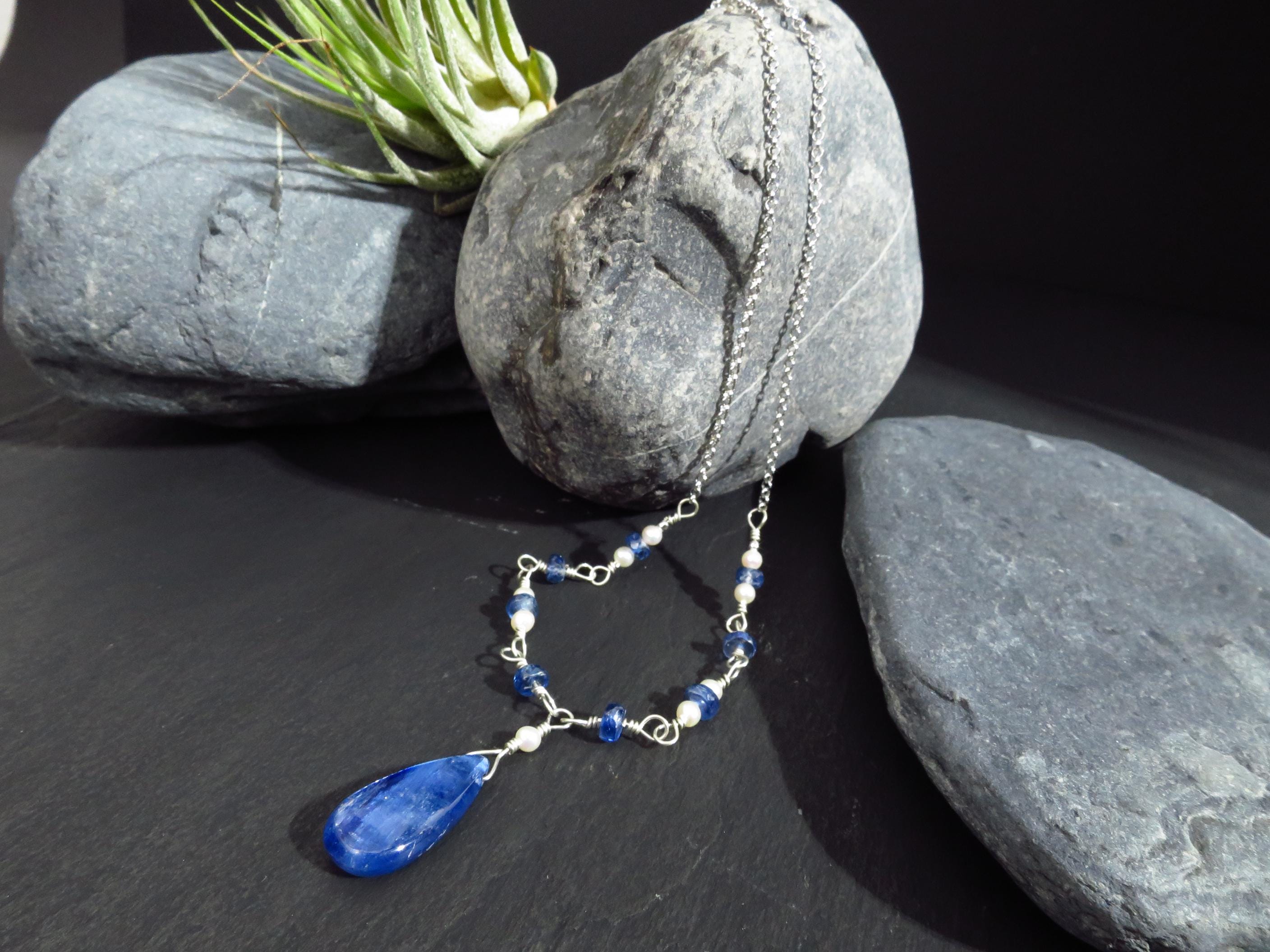 Kyanit Kette Silber Disthen Rosary Kette Silber Perlen Kette Silber Edelstein Kette Unikat Kyanit Tropfen Collier Perlen Halskette