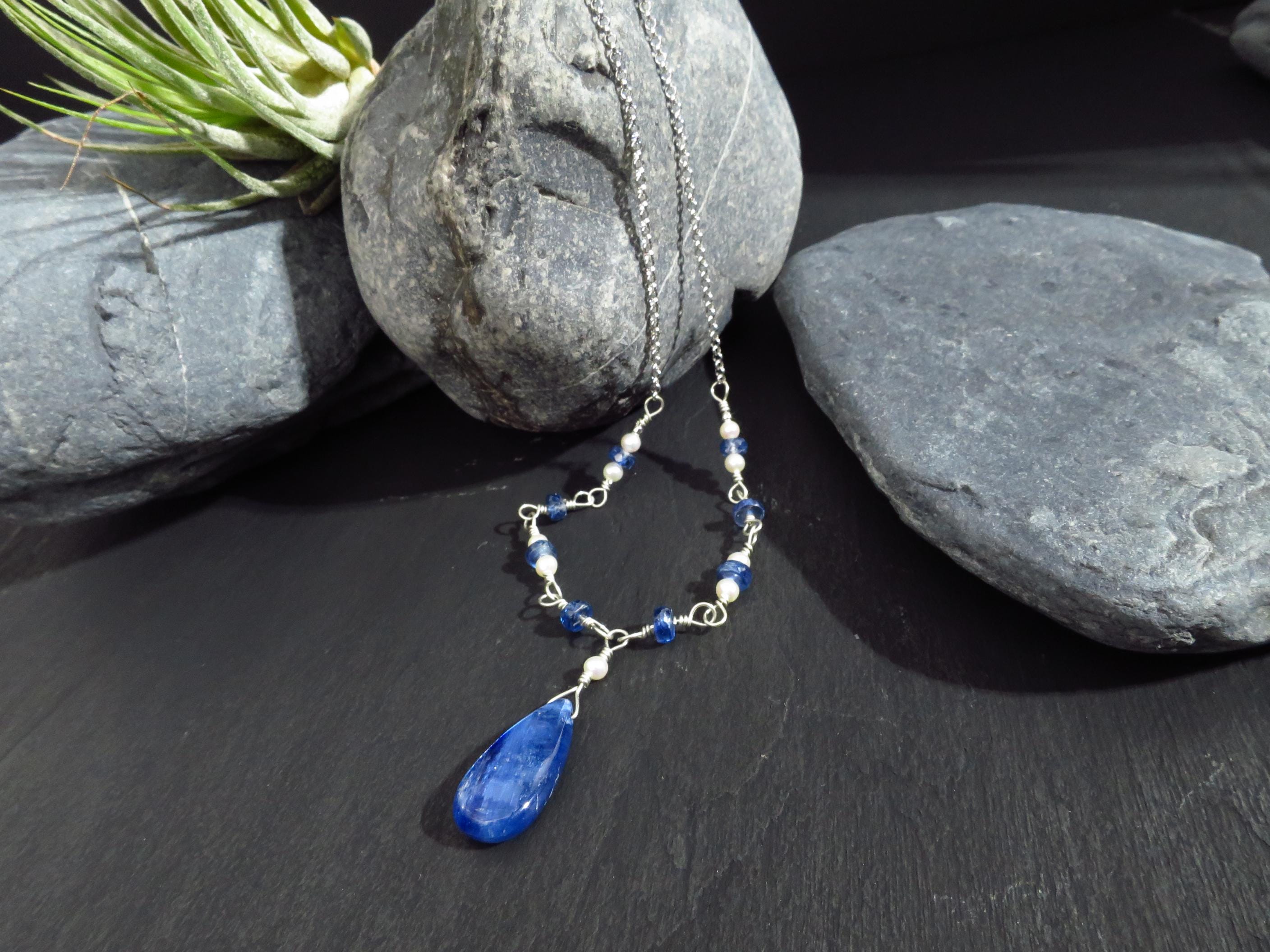 Kyanit Kette Silber Disthen Rosary Kette Silber Perlen Kette Silber Edelstein  Kette Unikat Kyanit Tropfen Collier Perlen Halskette