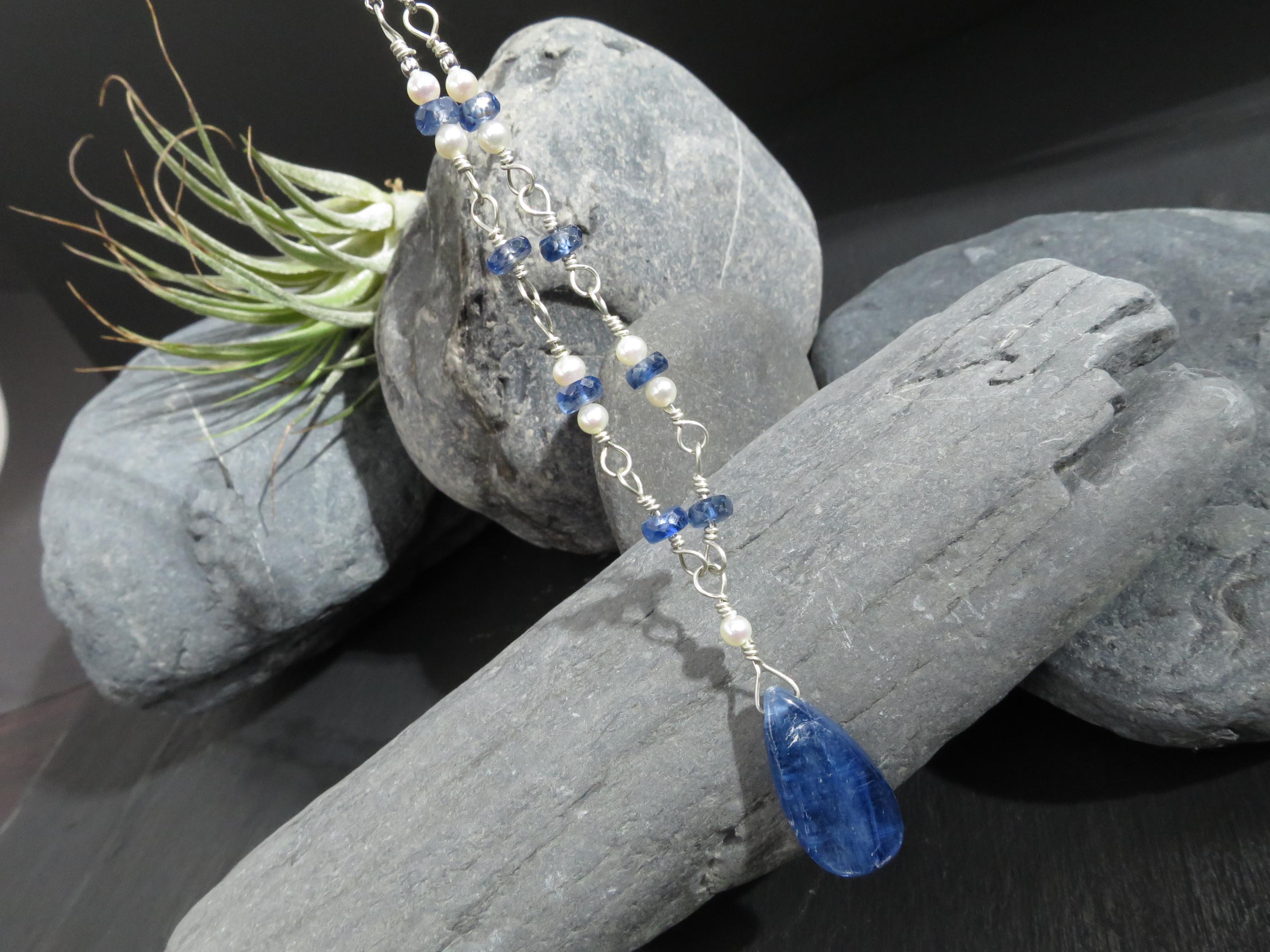 Kyanit Kette Silber Disthen Rosary Kette Silber Perlen Kette Silber Edelstein Kette Unikat Kyanit Tropfen Collier Perlen Halskette