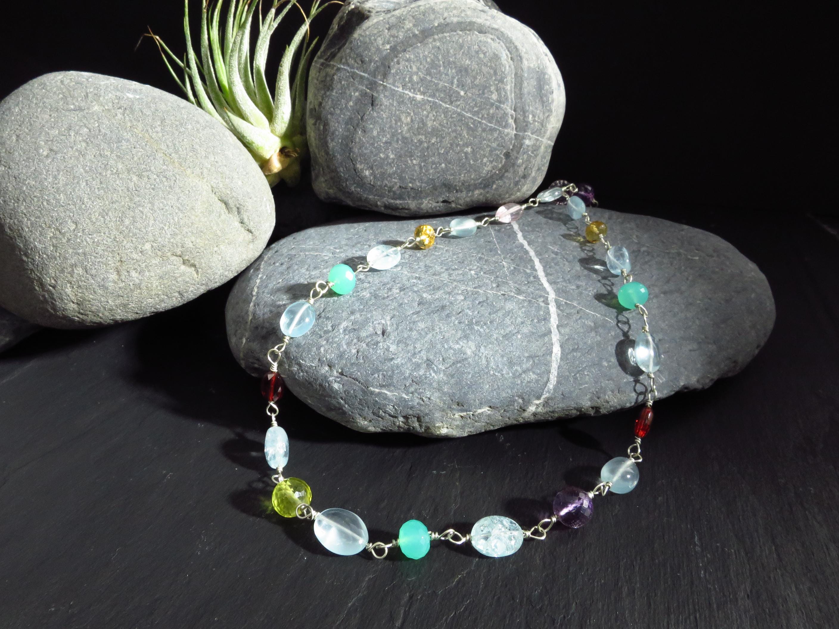 Rosenkranz Edelstein Kette bunt mit Argentium Silber Tansanit Aquamarin Rosenkranz Halskette