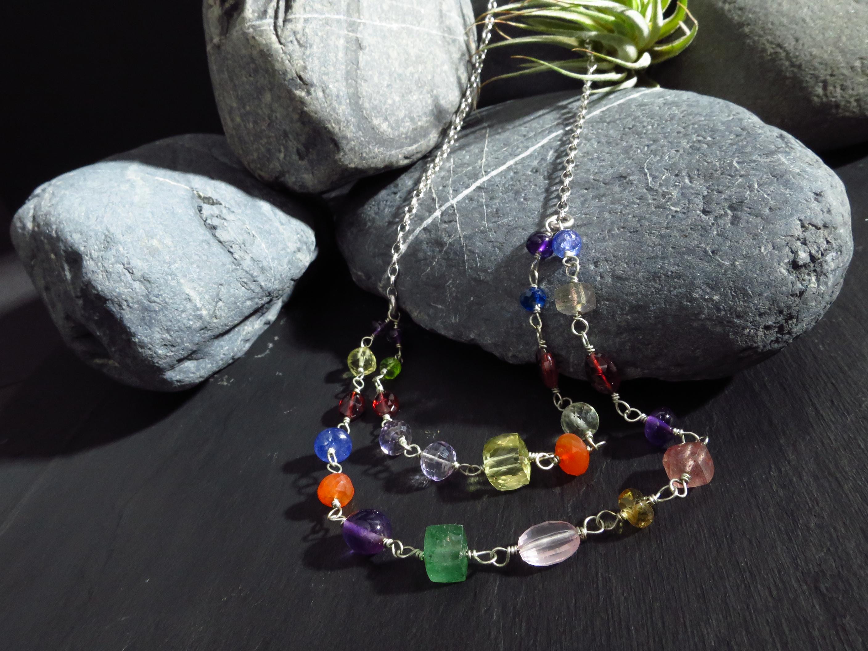 Bunte Rosenkranz Edelstein Kette Argentium Silber