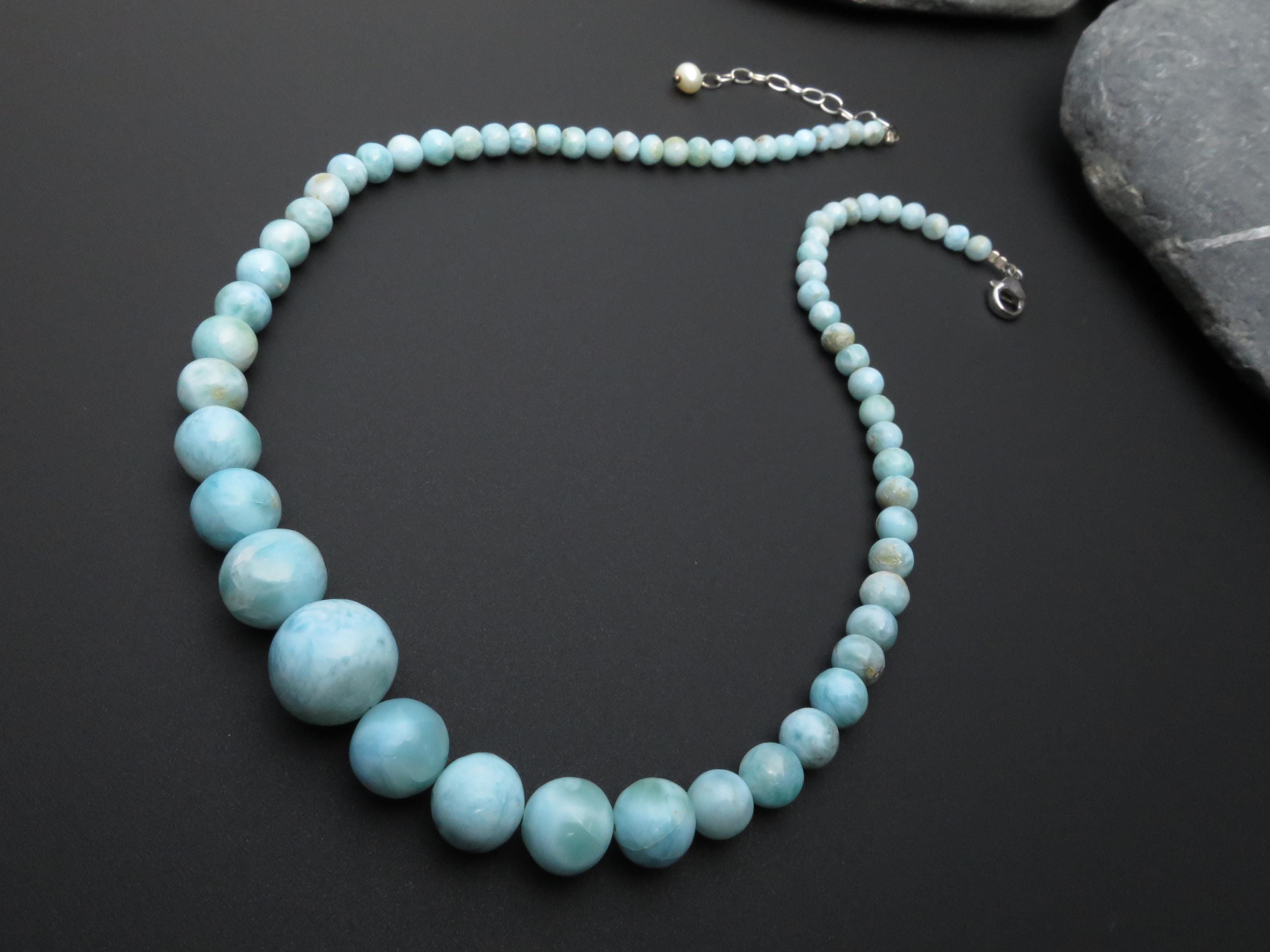 Larimar Kette, blaue Larimar-Perlen in Kugelform, Atlantis-Stein aus der Karibik / natürliche große Larimar Edelstein Halskette Silber