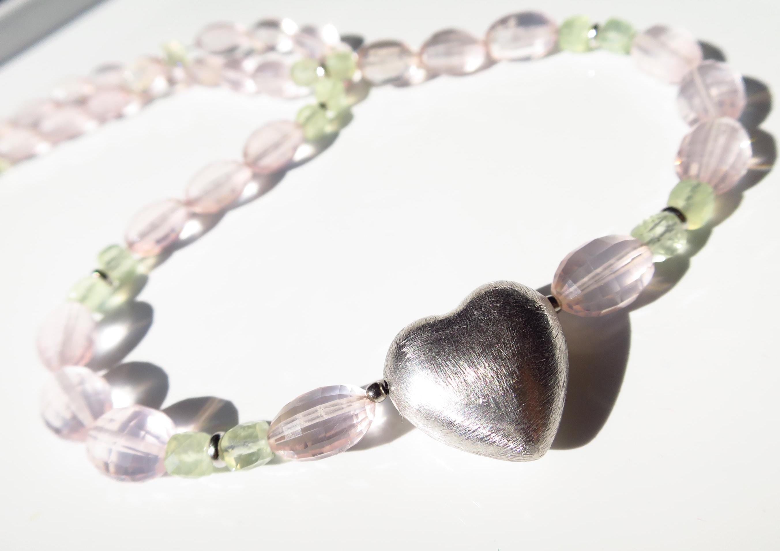 Rosenquarz Kette mit Silber Herz Anhänger und Prehnit