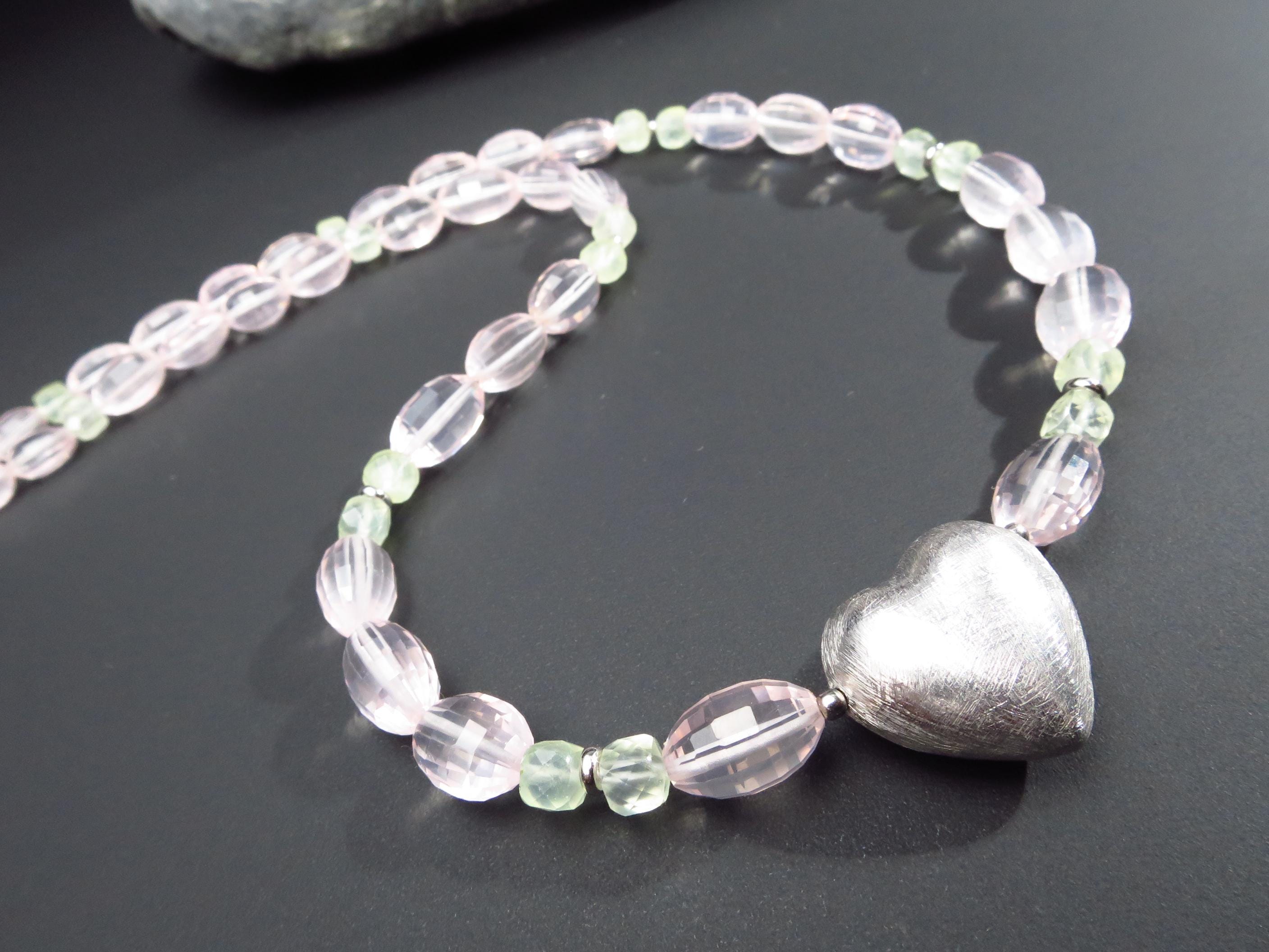 Rosenquarz Kette mit Silber Herz Anhänger und Prehnit