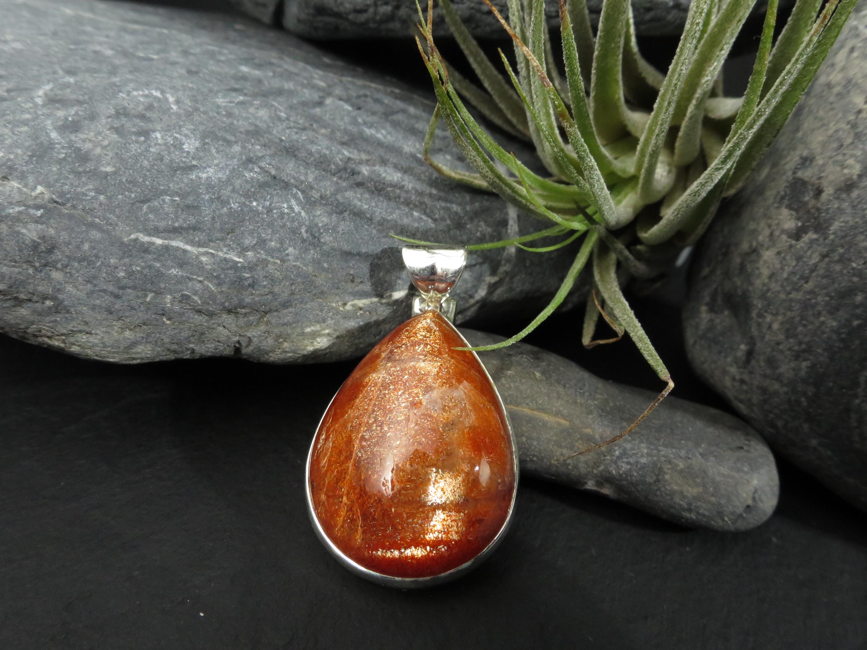 Großer Tropfen Sonnenstein Anhänger Sterling Silber