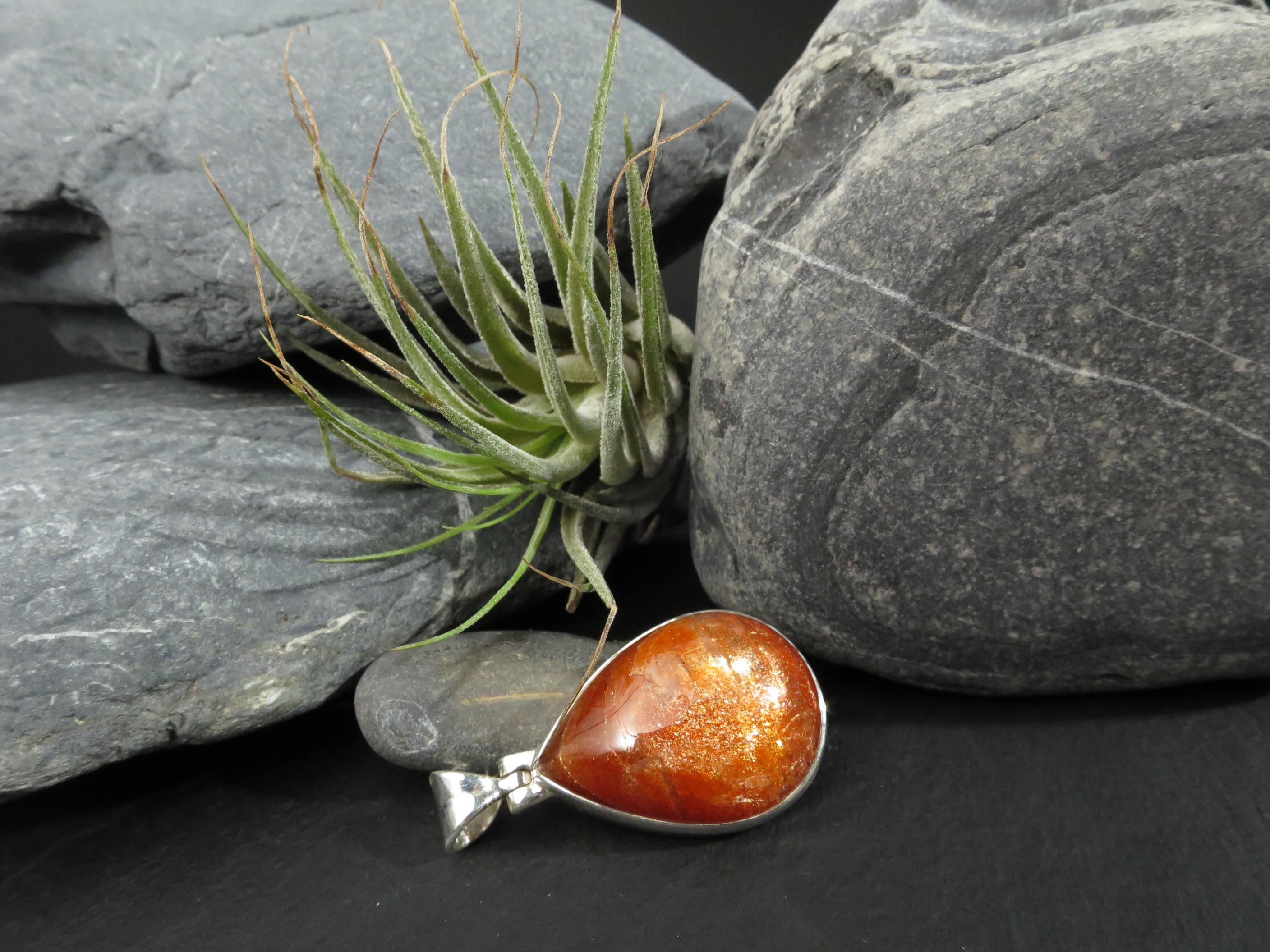 Großer Tropfen Sonnenstein Anhänger Sterling Silber