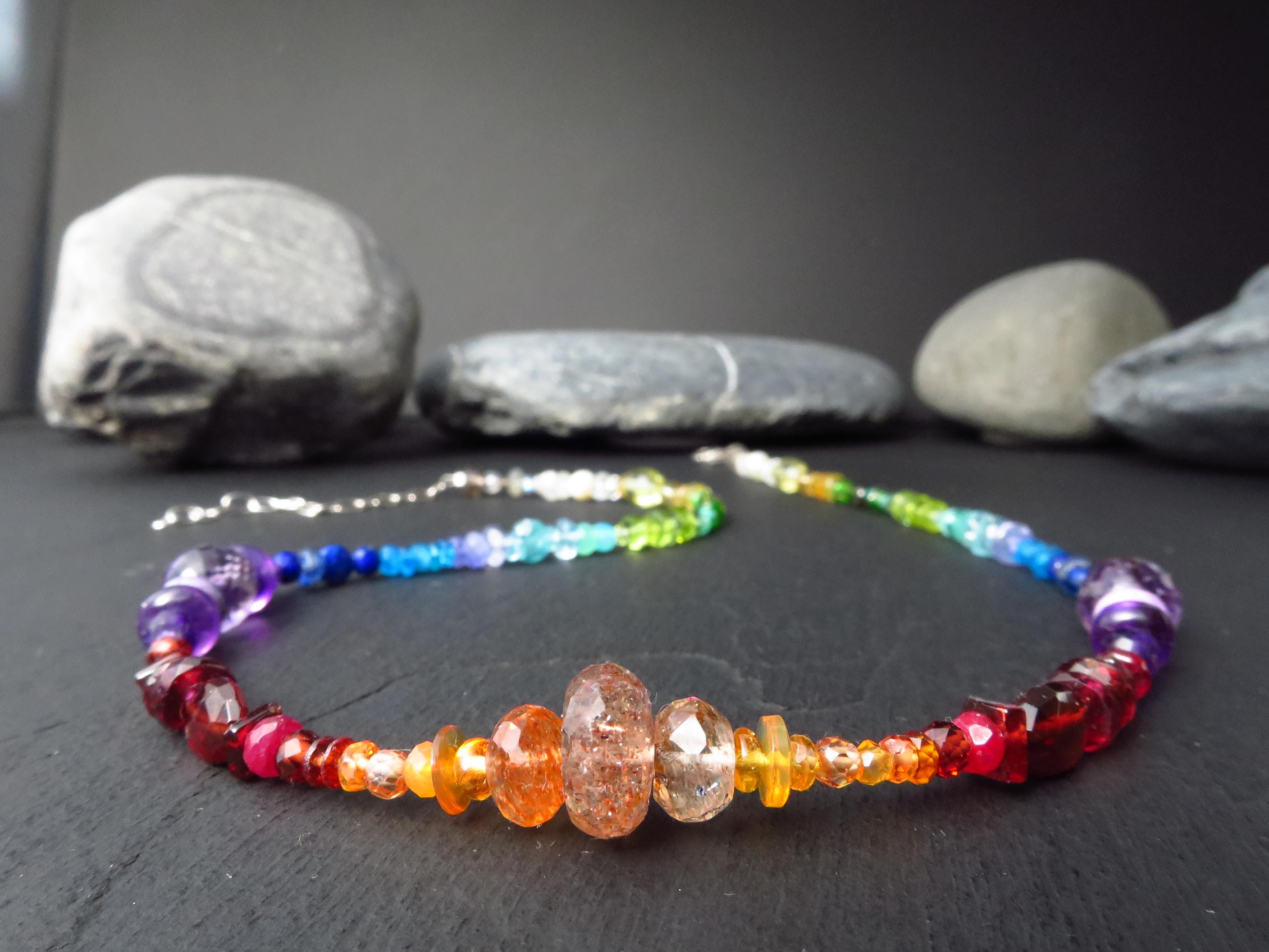 Chakra Sonnenstein bunte Kette Silber Edelstein
