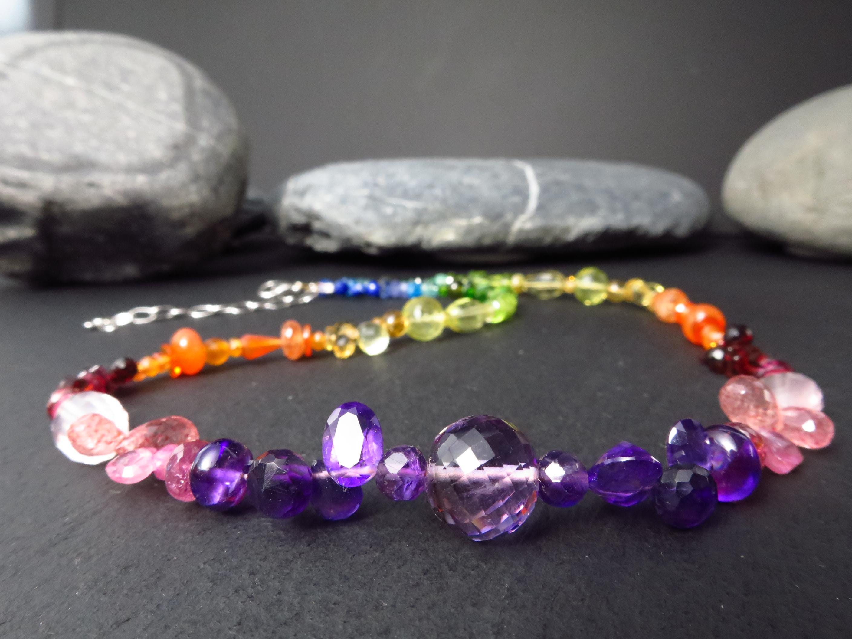 Chakra Spektral bunte Kette Silber 40cm +6cm Amethyst