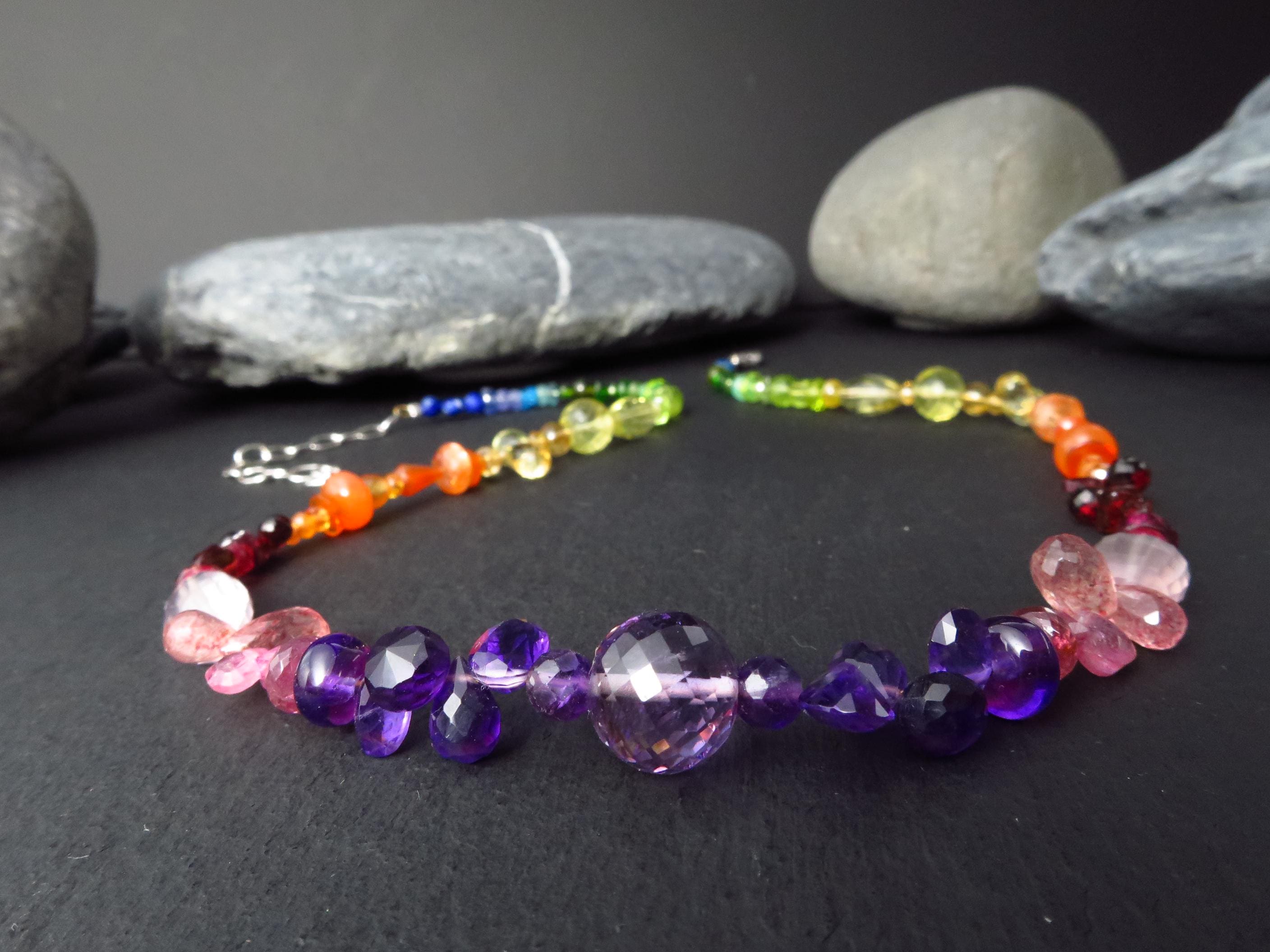 Chakra Spektral bunte Kette Silber 40cm +6cm Amethyst