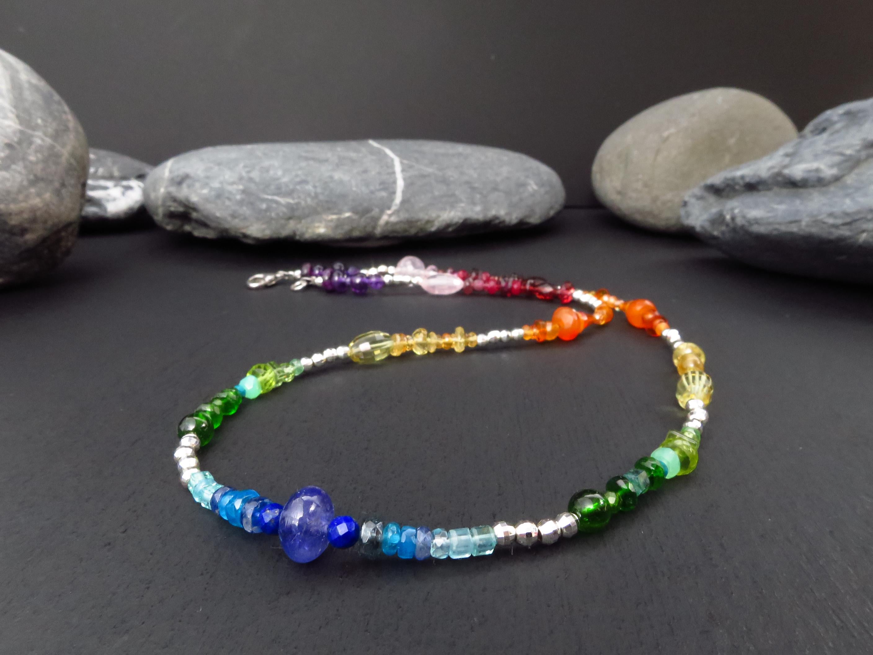 Chakra Regenbogen Tansanit Kette Silber Edelstein