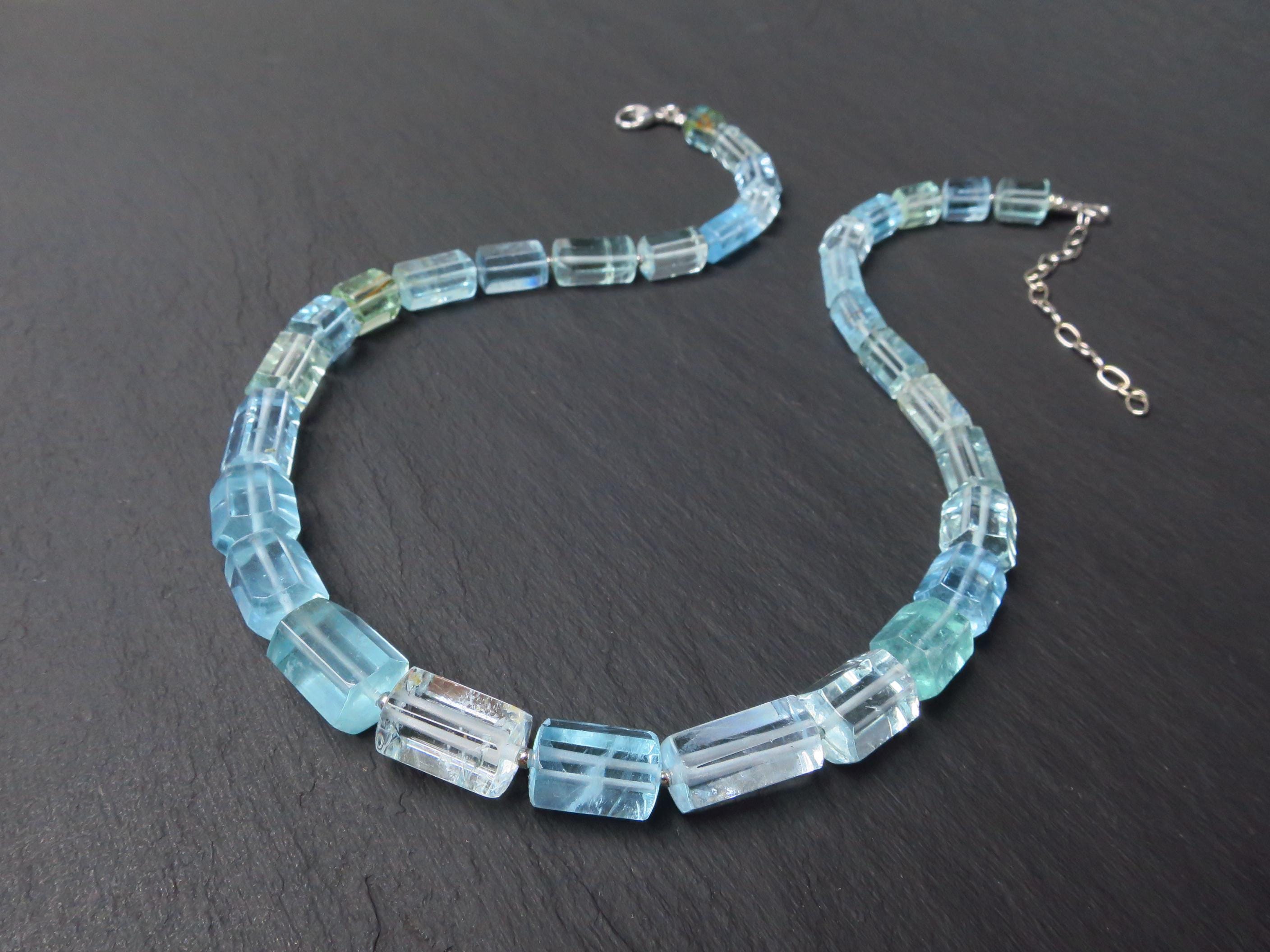 Aquamarin Kette Silber Naturkristalle 47cm blau