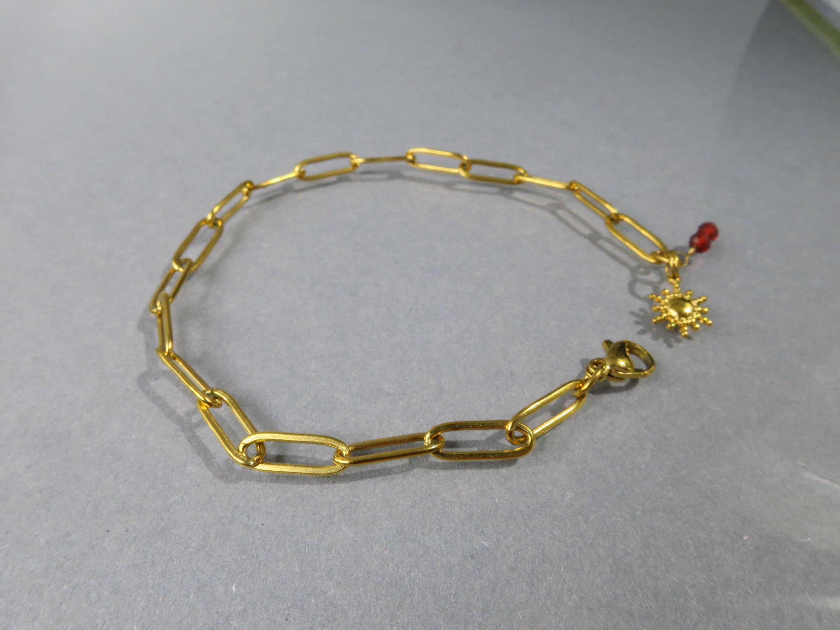 Edelstahl Paperclip Armband 18 Karat PVD Gold beschichteten Edelstahl Granat Sonnen Anhänger