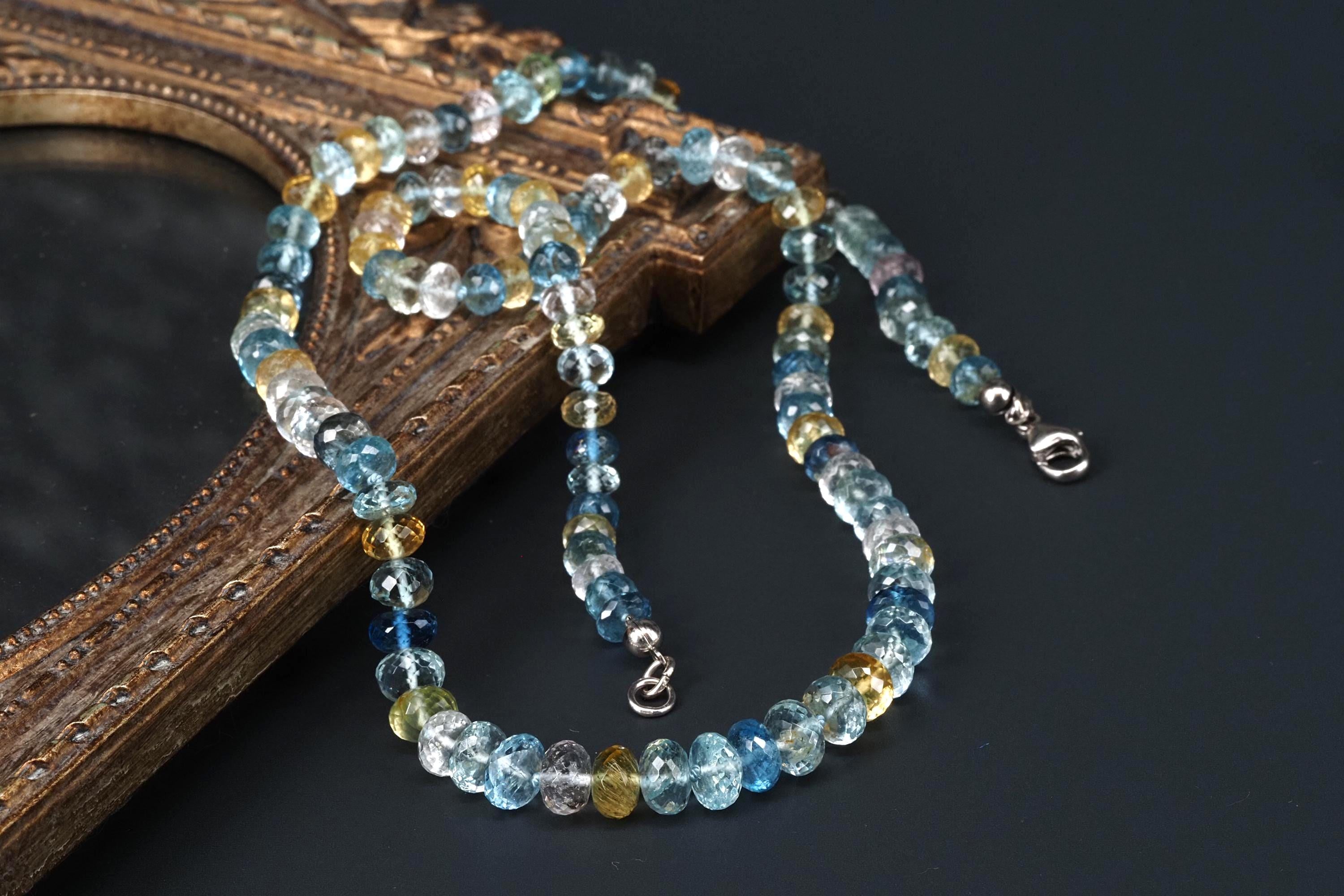 Aquamarin Kette mit Sterling Silber, Beryll Collier in blau rosa Morganit, Heliodor und Auqamarin