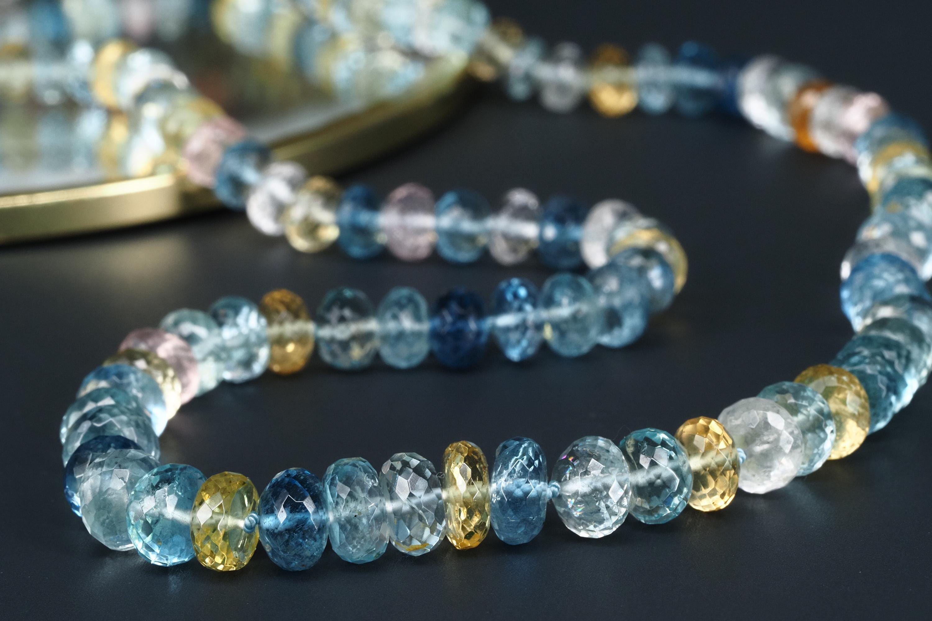 Beryll Collier – Morganit, Heliodor & Aquamarin facettiert, handgeknüpftes Edelstein Collier